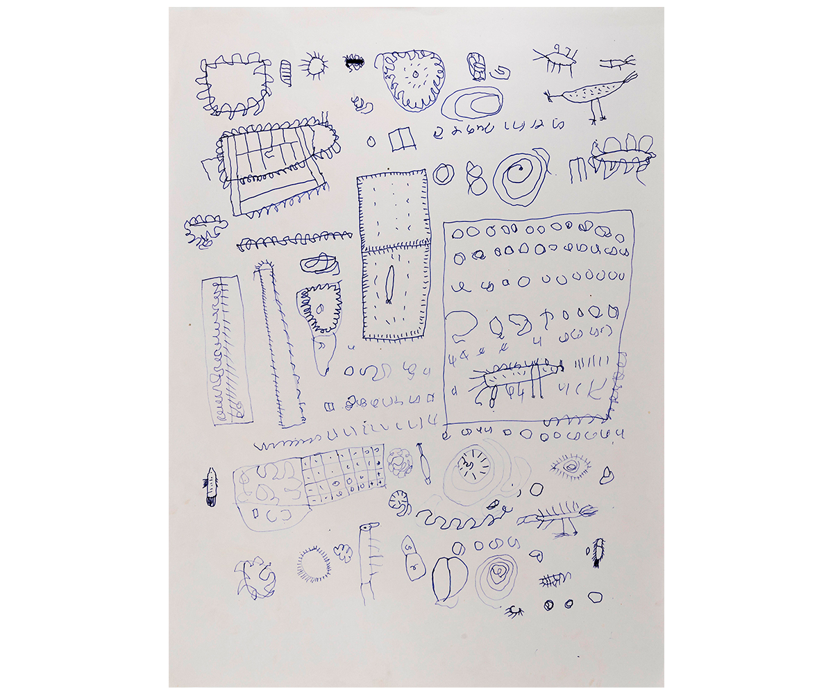 Abstract drawing by Lajamo Korwa consisting of animal and floral motifs and other geometrical shapes made with blue ink pen on paper