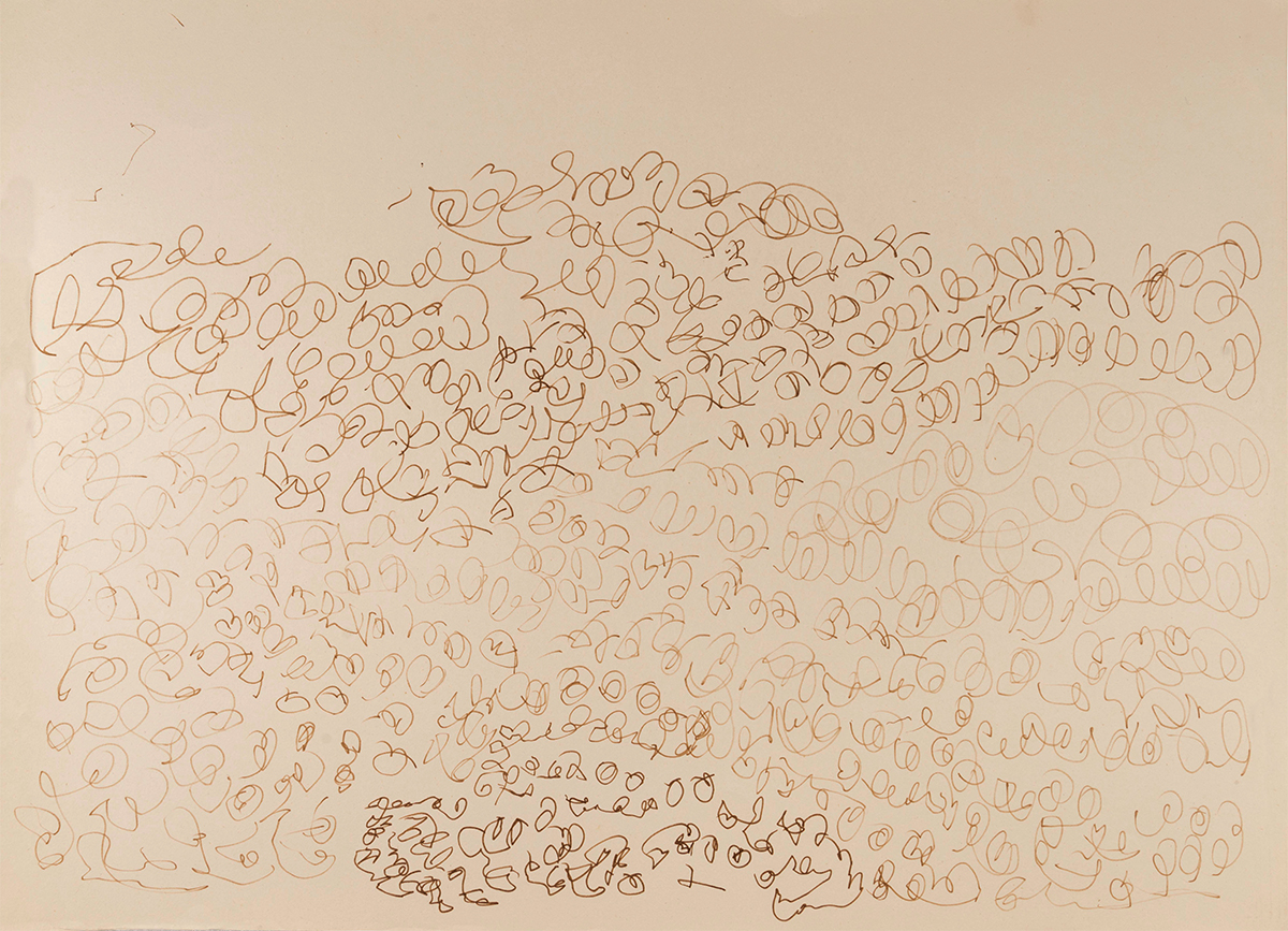 Abstract Korwa drawing consisting of multiple geometric shapes made with brown ink pen on paper