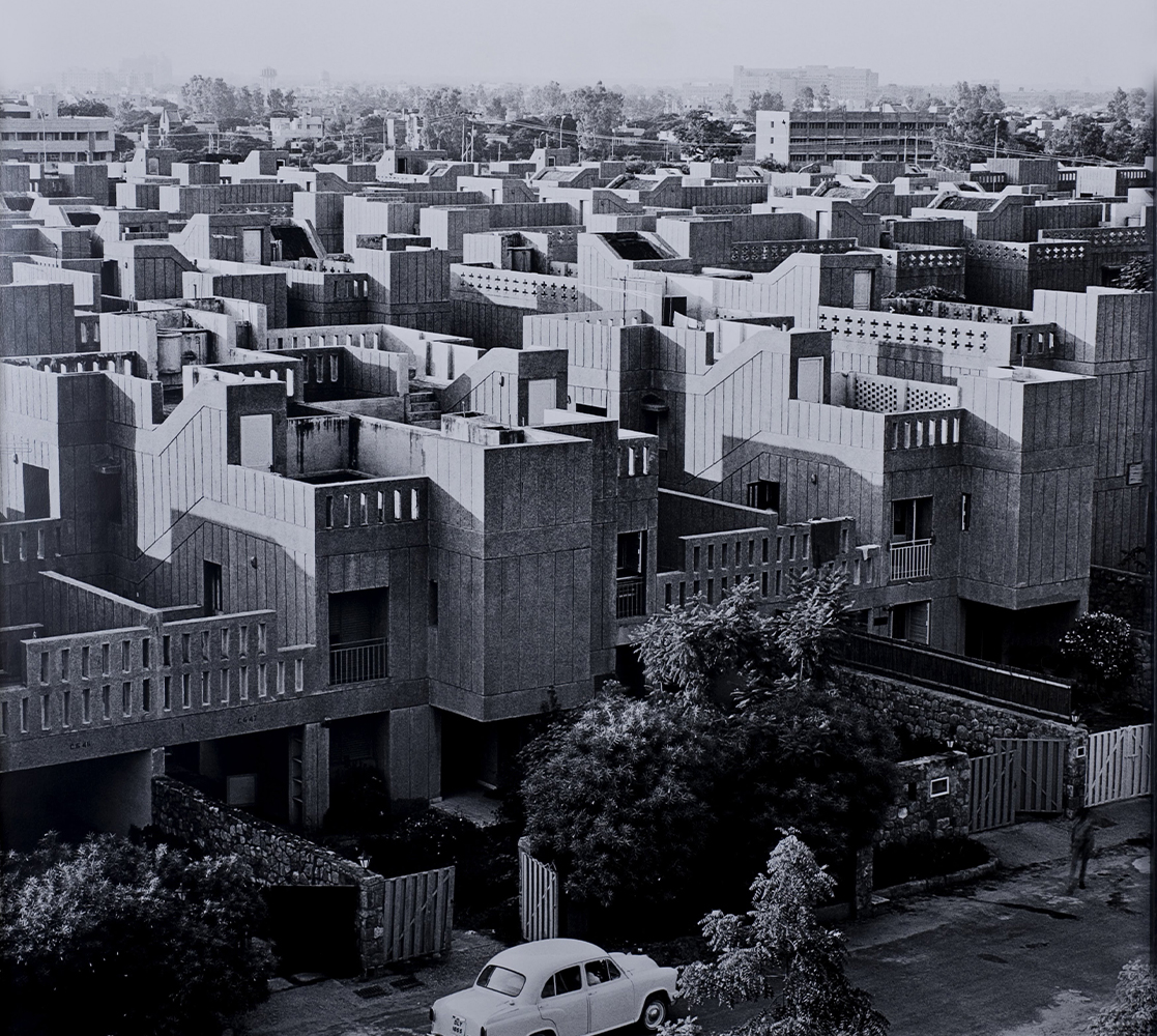Archival print showing numberous buildings at the Asian Games Village by Madan Mahatta, built by Raj Rewal