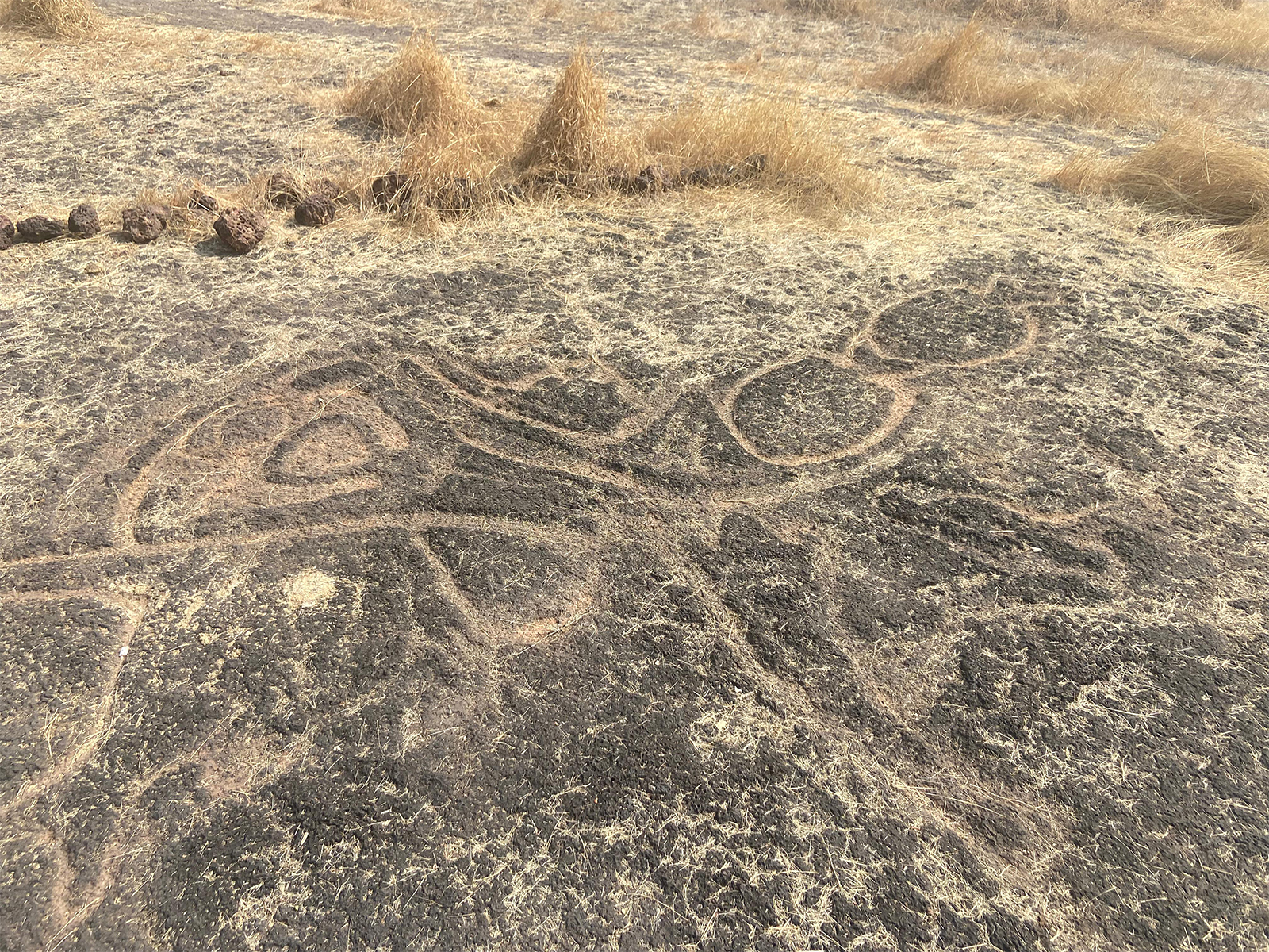 Photograph of petrogylph at Ukshi showing a human like figure with its arms raised upwards