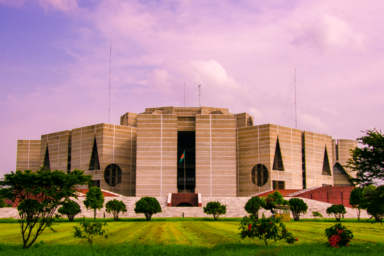 Photograph of the front view of the National Assembly Building or the Jatiyo Sangsad Bhaban, Dhaka