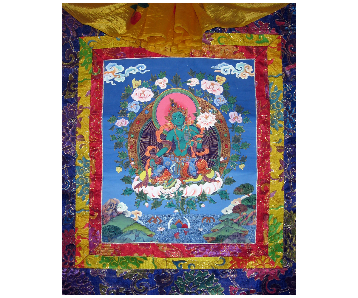 Contemporary paubha depicting the Buddhist deity Waumha Tara (Green Tara) in the Newar style