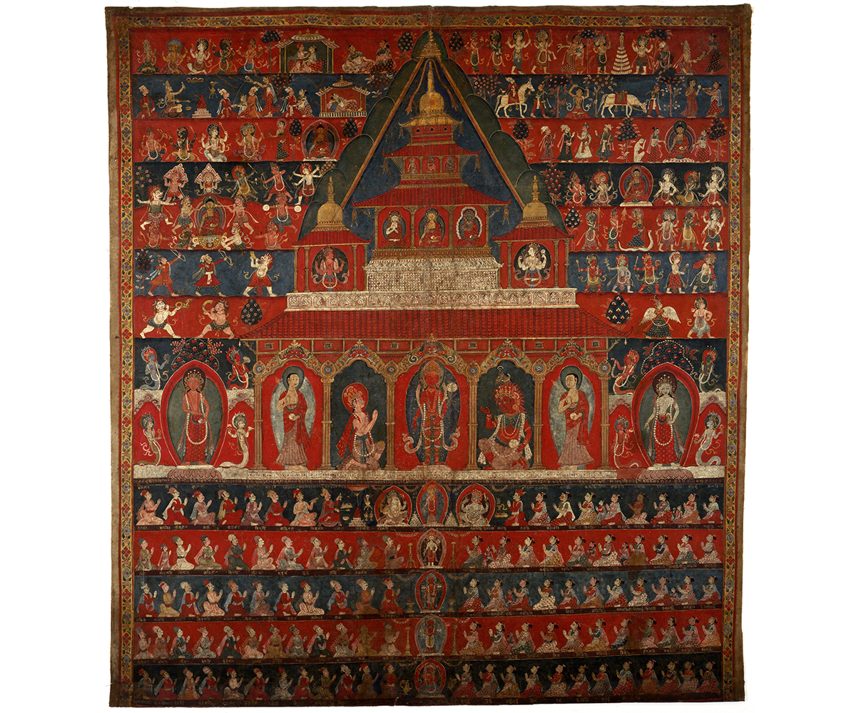 Mid-19th century paubha depicting Rato Macchendranath in a temple, along with scenes from Buddha's life and Hindu deities