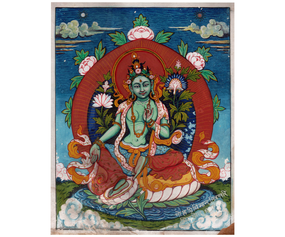 Mid-20th century paubha by Prithvi Man Chitrakari depicting a seated Green Tara
