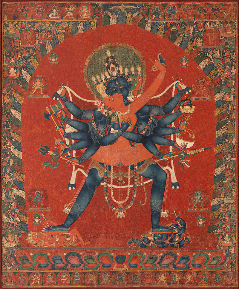 15th-century paubha depicting Chakrasamvara in union with Vajravarahi flanked by various other deities