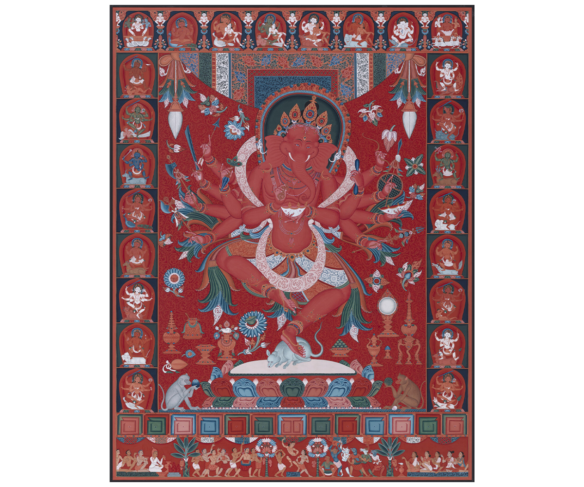 Late-20th century paubha by Mukti Singh Thapa depicting a crimson red dancing Ganesha flanked by other deities