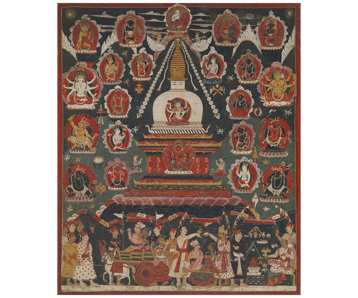 Paubha depicting a Janku celebration, with central stupa surrounded by deities, and people in rituals and processions at bottom