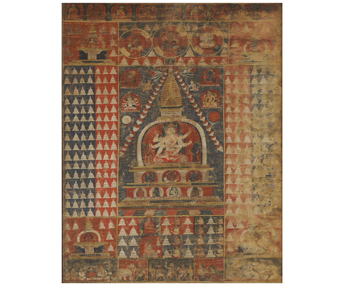 15th-century paubha showing numerous stupas with deities, the central one housing Ushnishavijaya