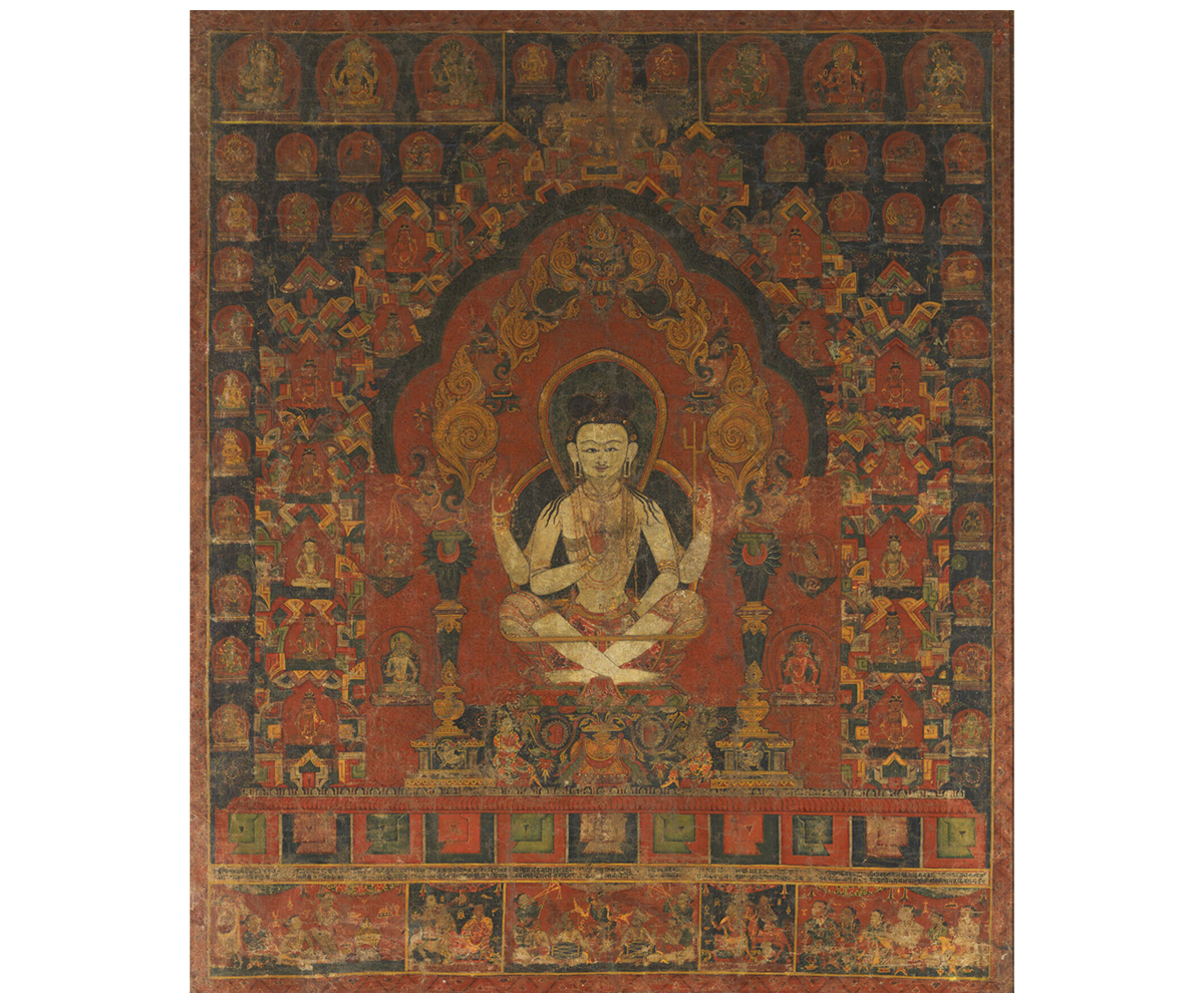 Mid–15th century paubha depicting the Hindu sage Agastya seated in the middle flanked by other deities