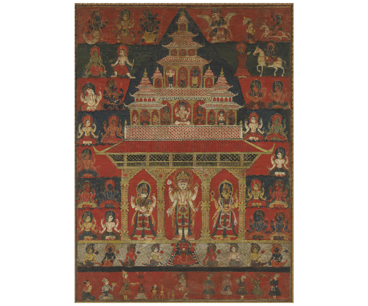 Late 17th to early 18th century paubha depicting a shrine housing a standing Vishnu surrounded by various deities