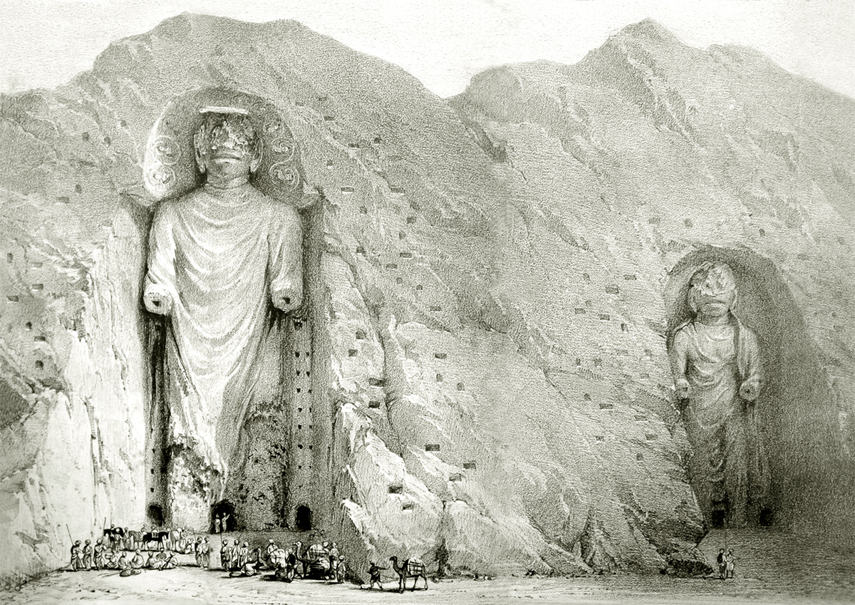 Engraving by Alexander Burnes showing the Buddhas of Bamiyan
