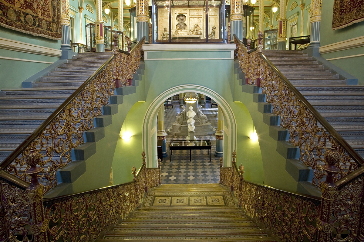 Photograph showing the staircase leading to the upper floor of the Dr Bhau Daji Lad Museum in Mumbai