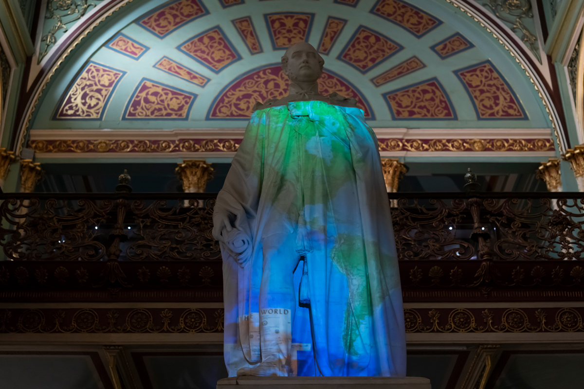 Photograph showing a still from the video projection installation titled In Search of Vanished Blood by Nalini Malini at the Dr Bhau Daji Lad Museum, Mumbai
