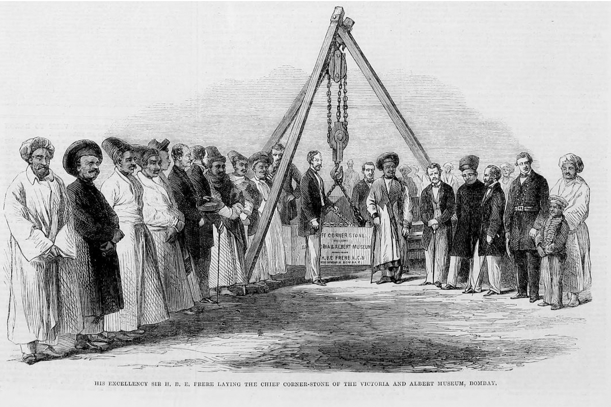 Late 19th-century illustration by Mason Jackson Governor of Bombay HBE Frere laying the chief corner-stone of the Victoria and Albert Museum, Bombay