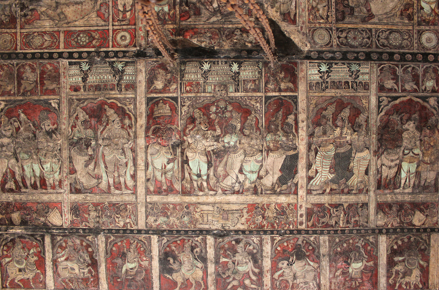 Photograph of the ceiling mural at Virupaksha Temple possibly depicting the wedding of Shiva and Parvati