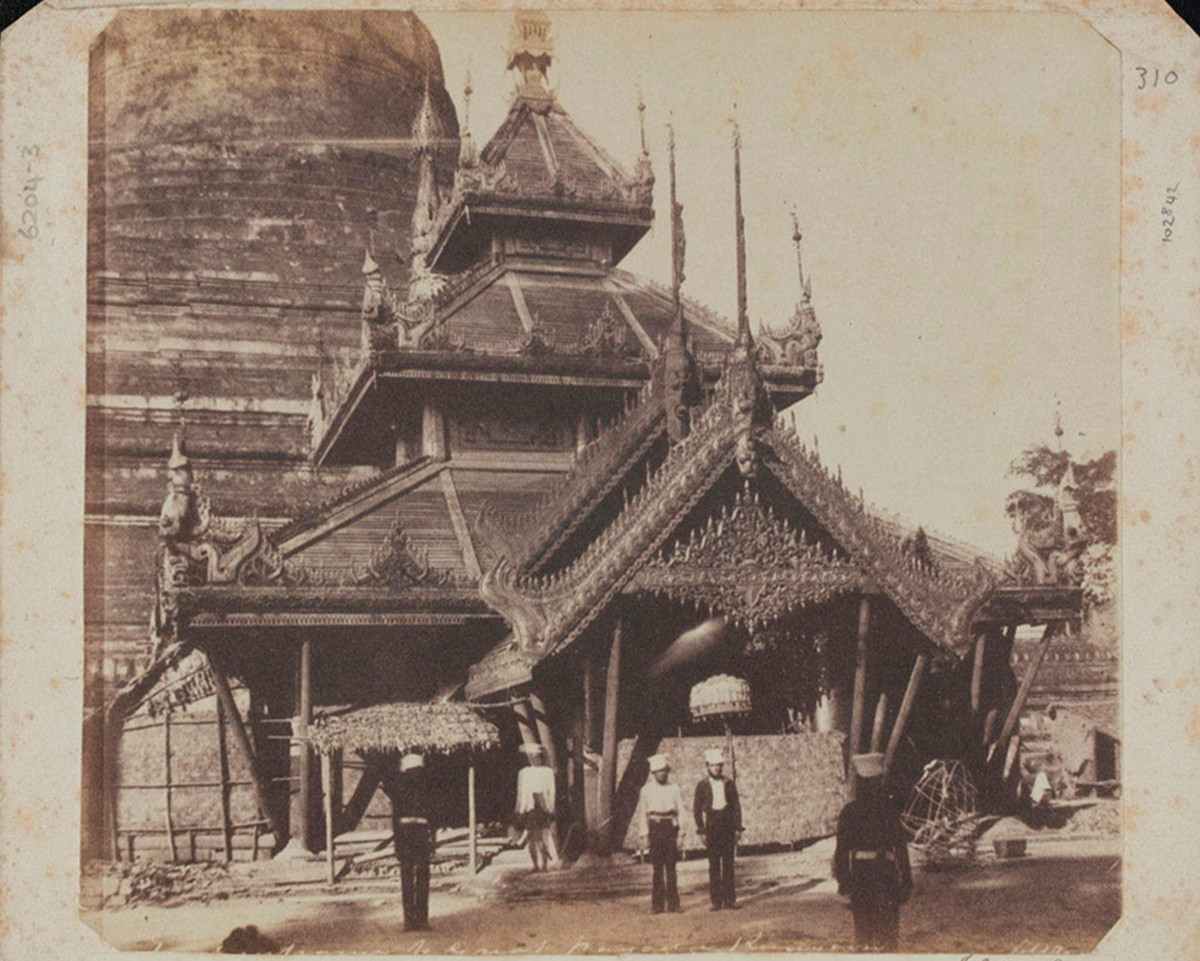 Mid-19th century archival photograph by John McCosh showing the east vestibule of the Great Dagon Pagoda at Yangon