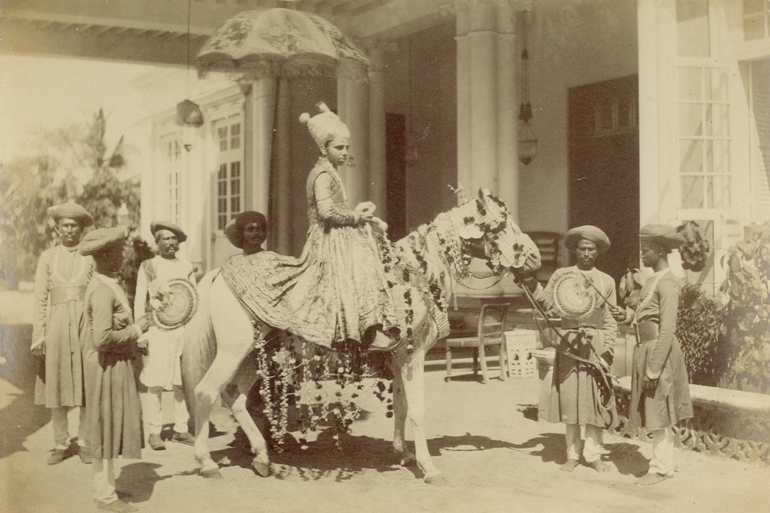 Mid-19th century photograph by William Johnson showing a bridegroom on horseback in India