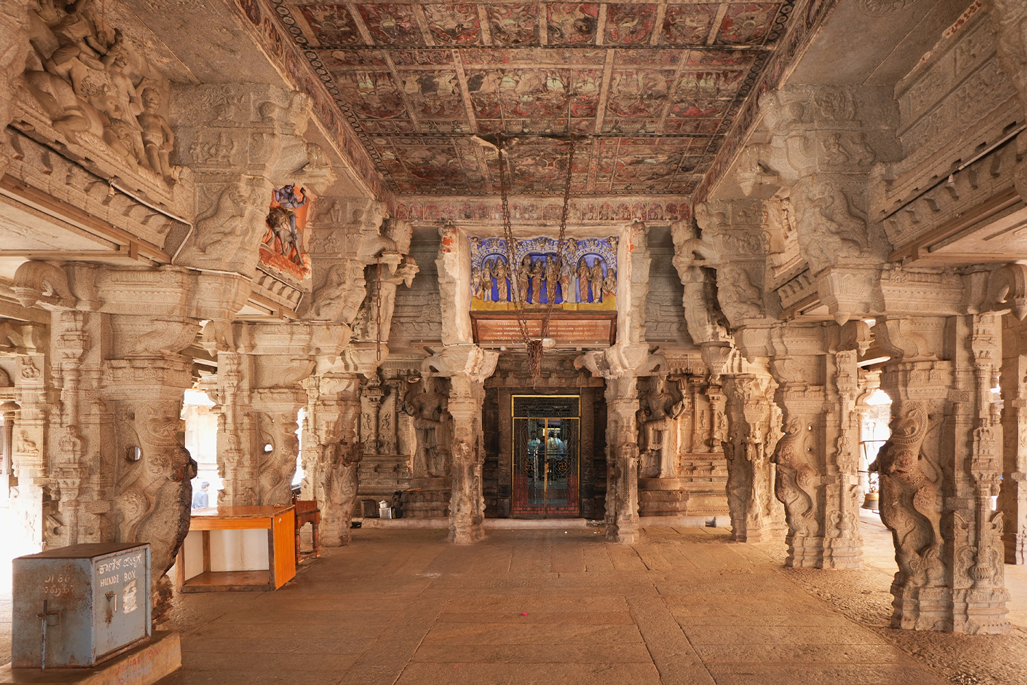 Photograph of the interior of the Coronation Mandapa at the Virupaksha Temple complex in Hampi