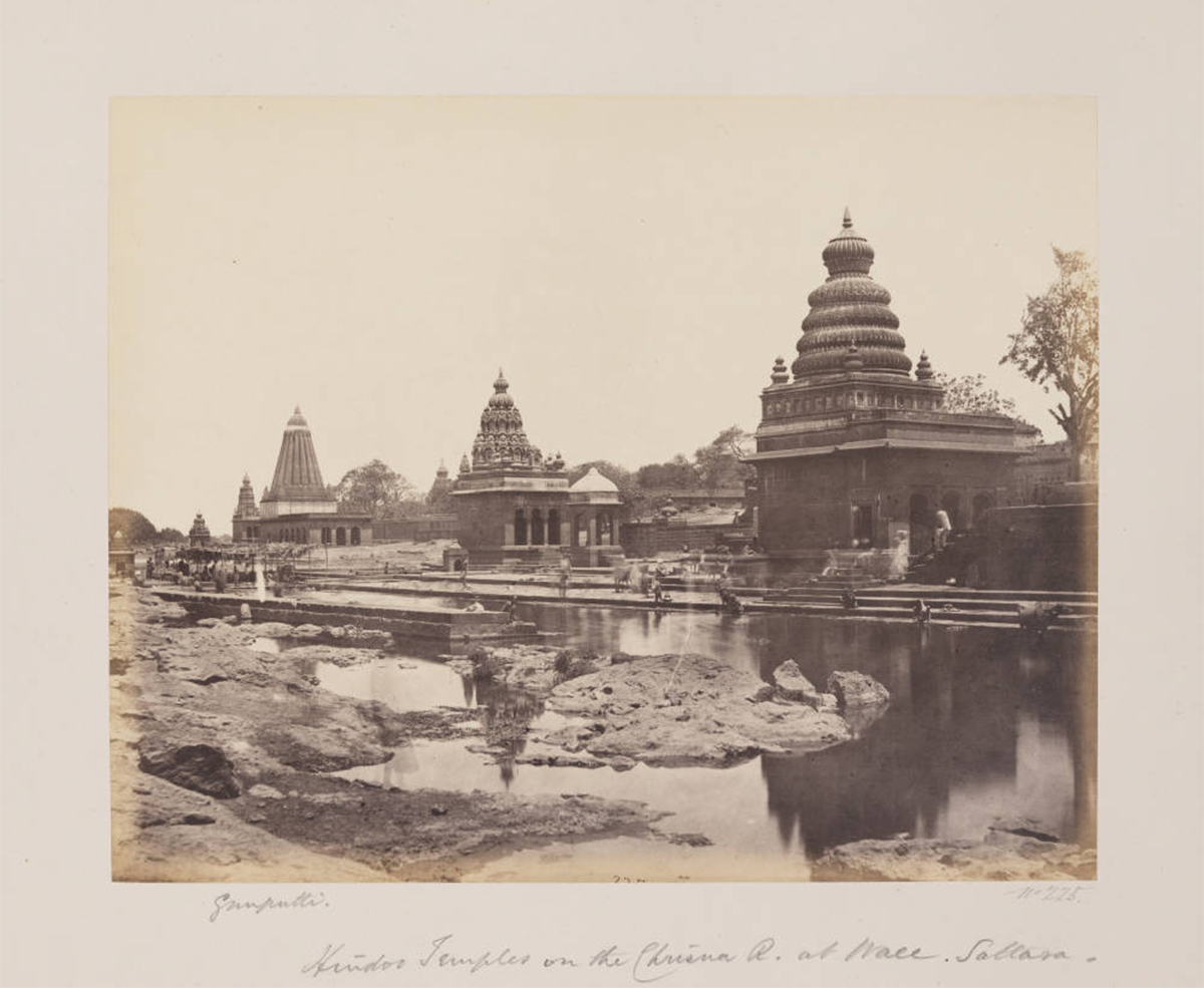 Mid-19th-century archival photograph by William Johsnon showing the Temple Complex on the Krishna River at Wai