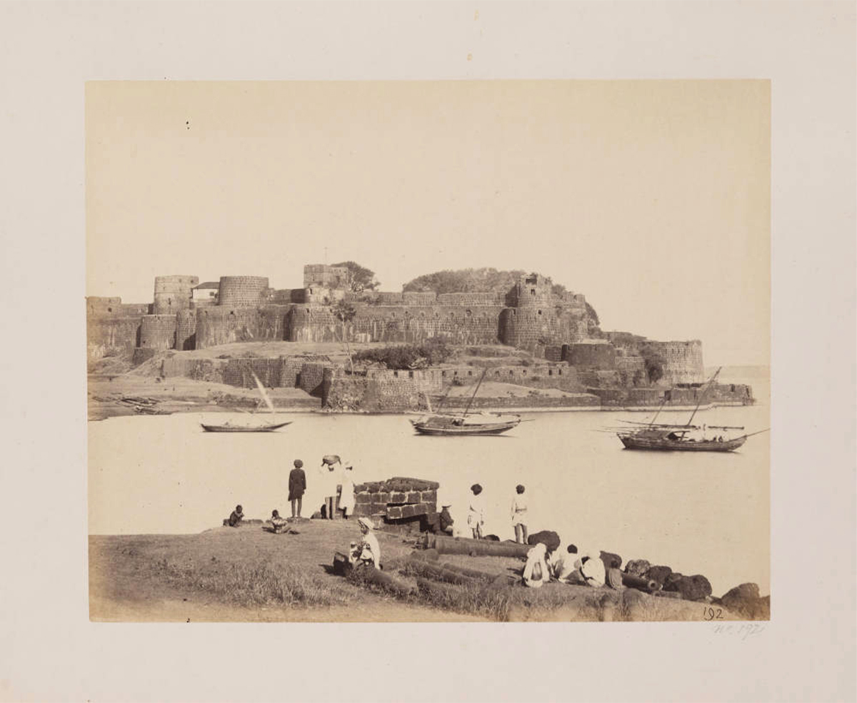 Mid-19th-century archival photograph by William Johsnon showing Kanhoji Angre's Kolaba Fort in Alibag