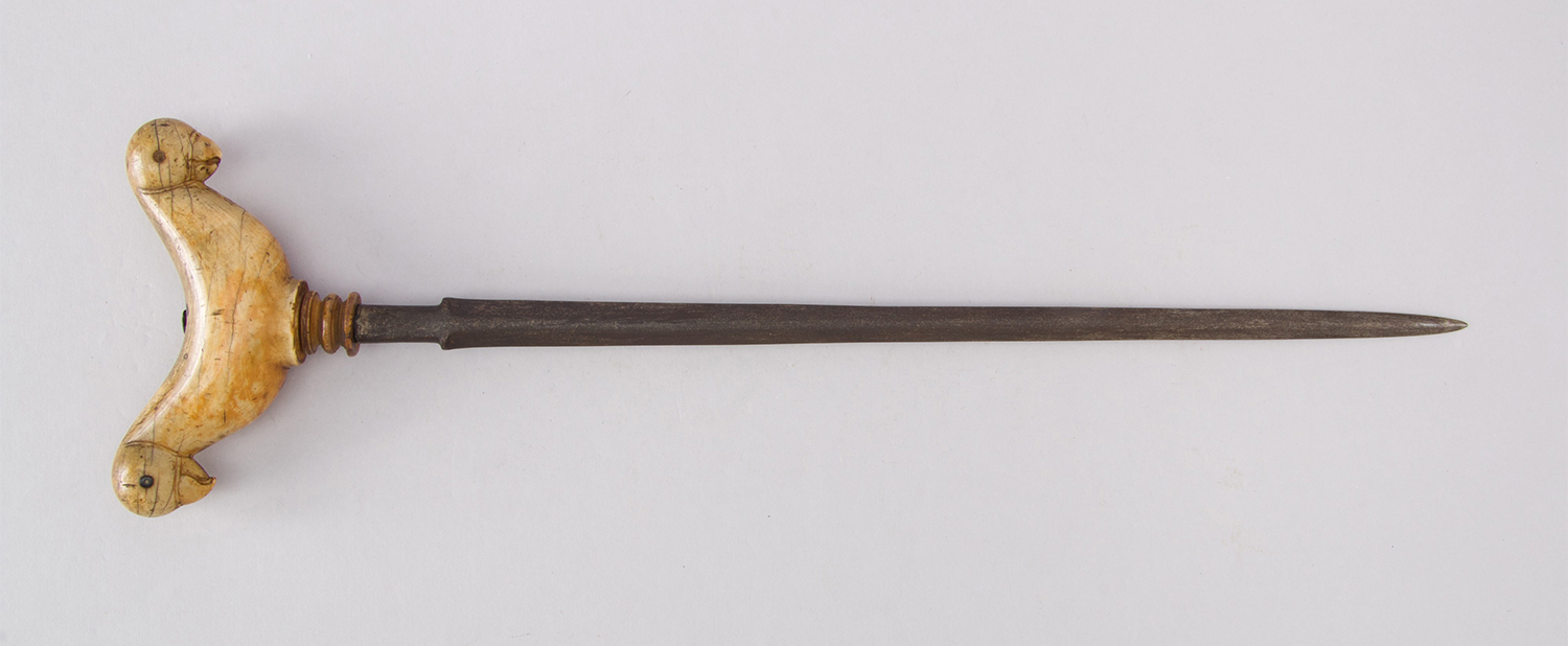 17th–18th century dated crutch dagger or zafar takiya with a ivory hilt with its two ends shaped like a parakeet and a steel blade