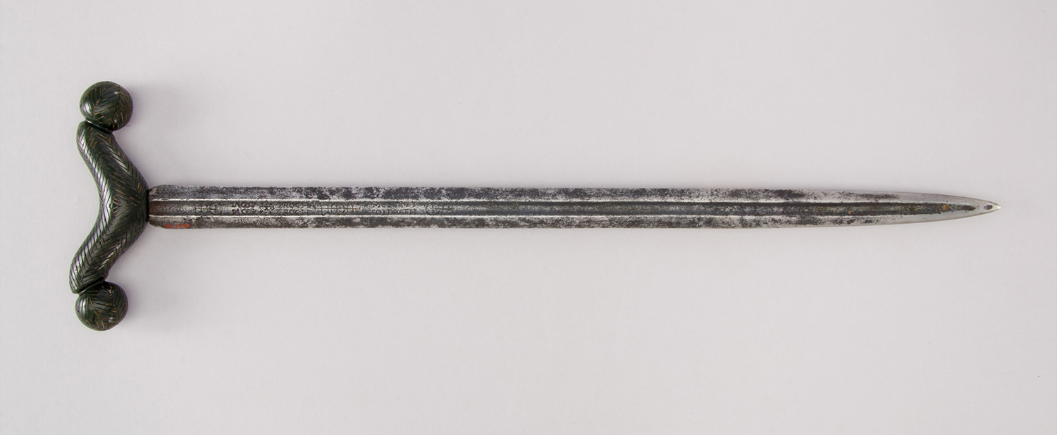 Crutch dagger (zafar takiya); Mughal, India (hilt), and Solingen, North Rhine-Westphalia (blade) ; 18th century; Steel and jade; 47 x 12.5 cm. The Metropolitan Museum of Art, New York