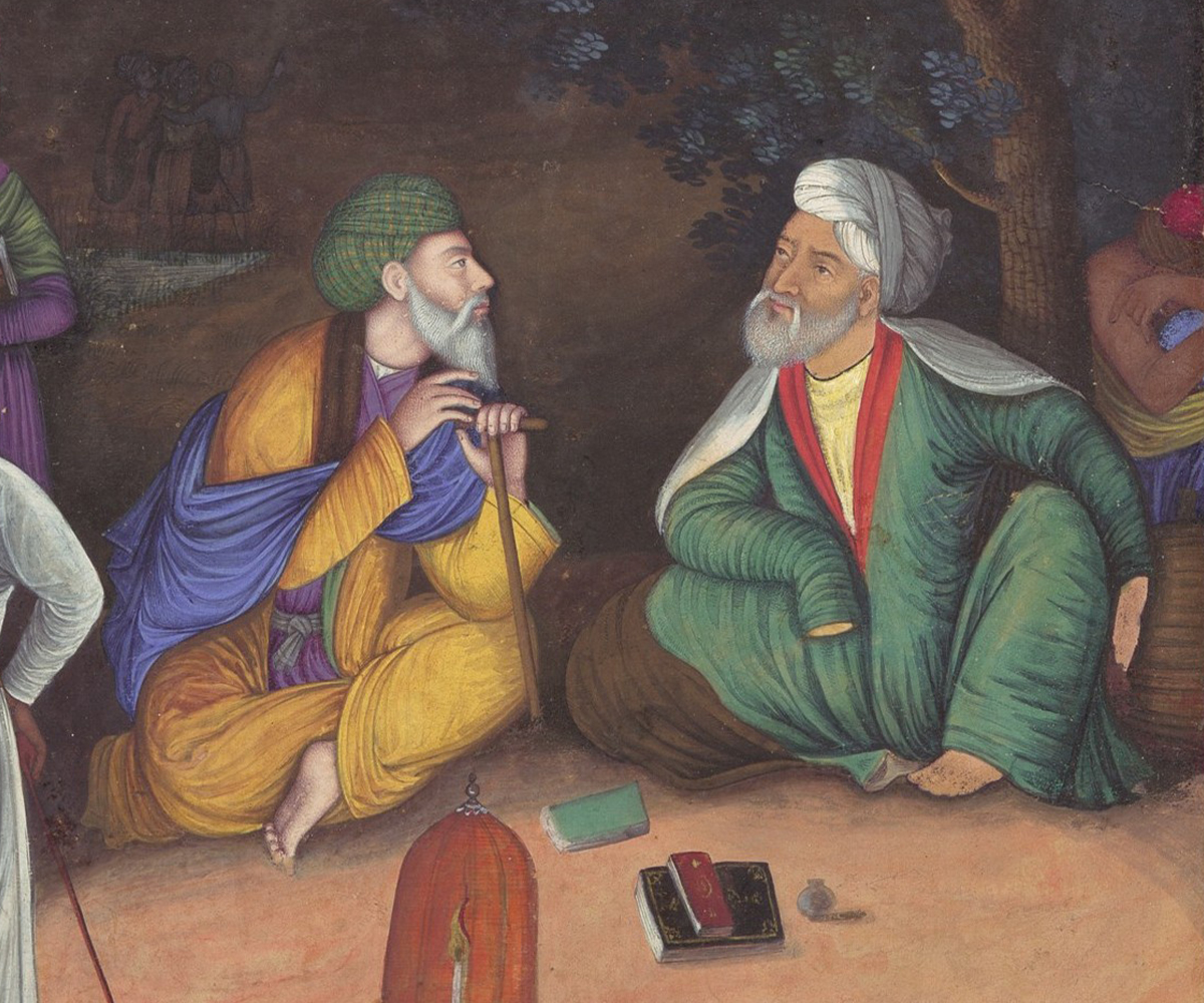 Mid-17th century watercolour painting by Muhammad Zaman titled a night-time gathering showing two seated dervishes with one of them resting his hand on a zafar takiya, surrounded by other men