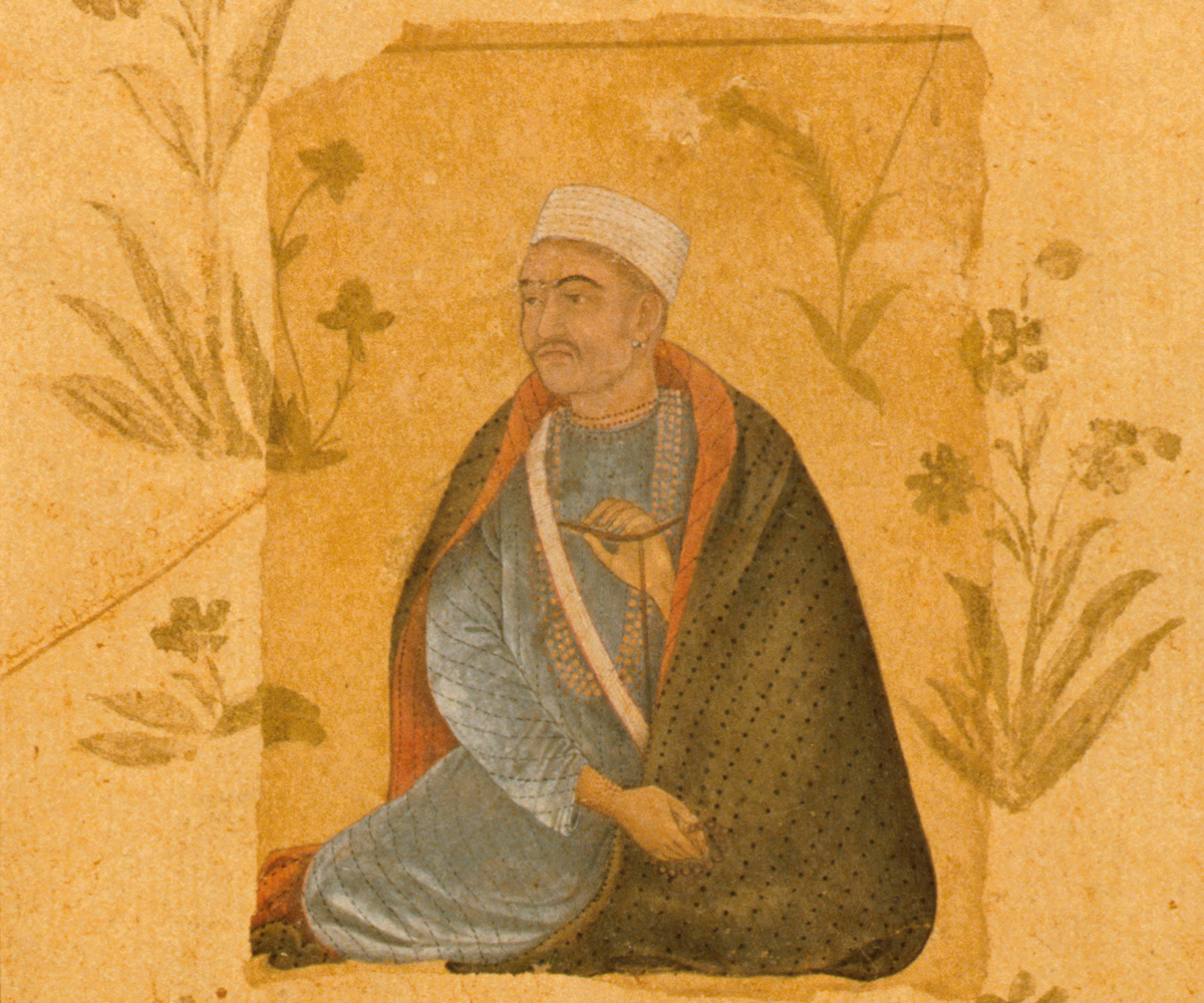 Early 17th century Mughal watercolour painting showing a seated Muslim holy man with a zafar takiya