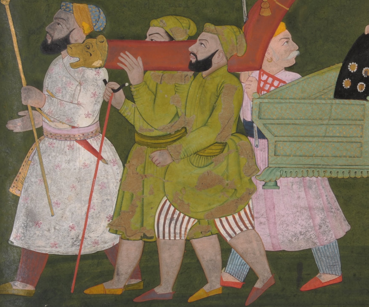18th century Guler school painting of a ruler being carried in a palanquin as part of a procession