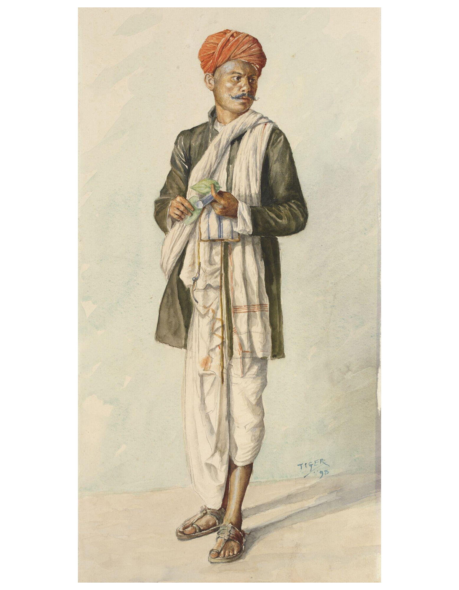 Late 19th-century watercolour painting by a student at the Bombay School of Art named Tiger of a cultivator from the Deccan wearing Kolhapuri chappals