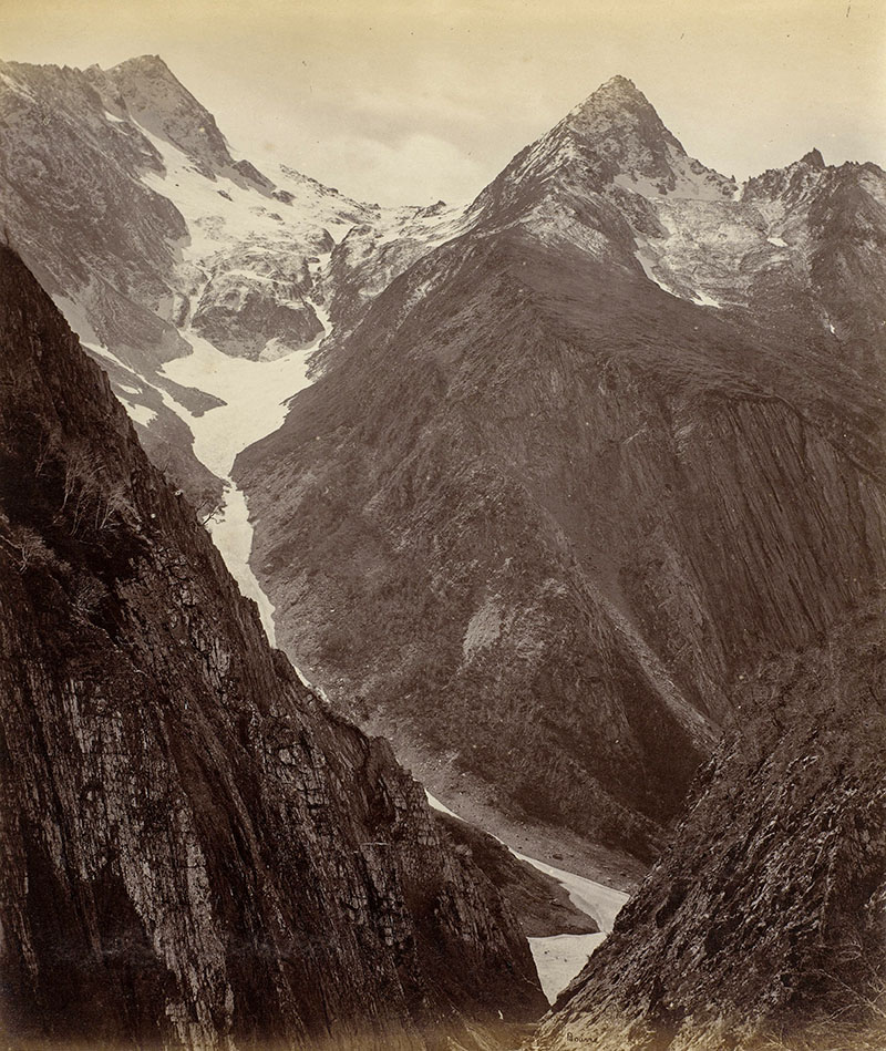 Mid-19th century albumen print of an archival photograph by Samuel Bourne showing the Zoji La pass in Ladakh, India