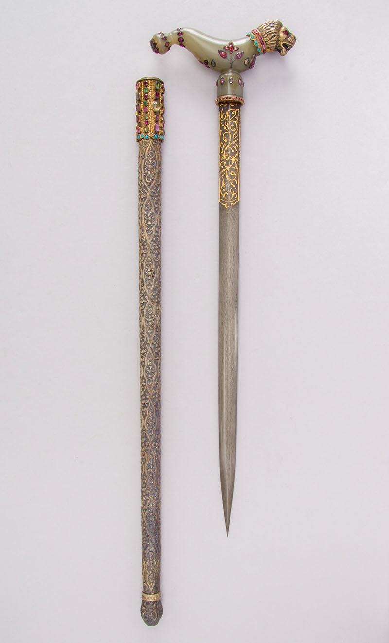 18th–19th century dated crutch dagger with sheath or zafar takiya made out of steel with gold damascene and studded with precious stones