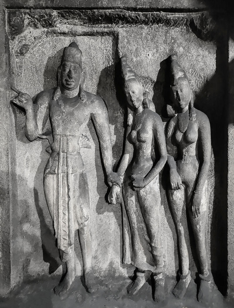 Photograph of relief sculpture showing Mahendravarman I with his queens at Varaha Cave Temple in Mamallapuram