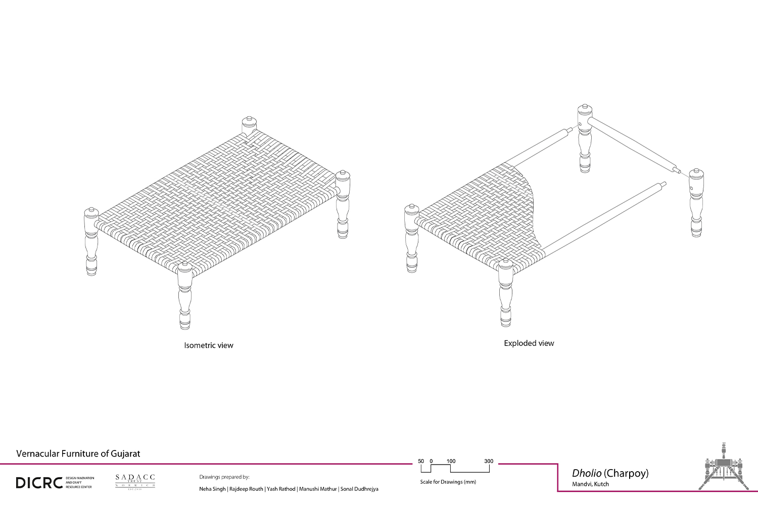 Digital drawing showing the isometric & exploded view of a charpoy from Gujarat called dholio