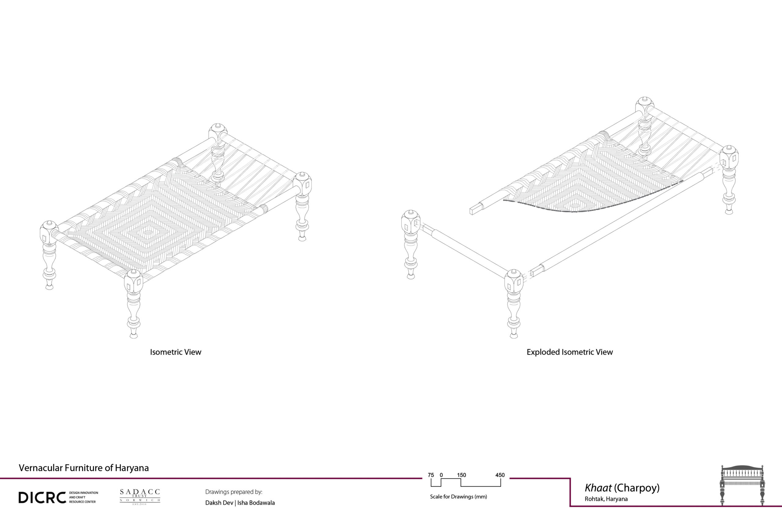 Digital drawing showing the isometric & exploded view of a charpoy from Haryana called khaat