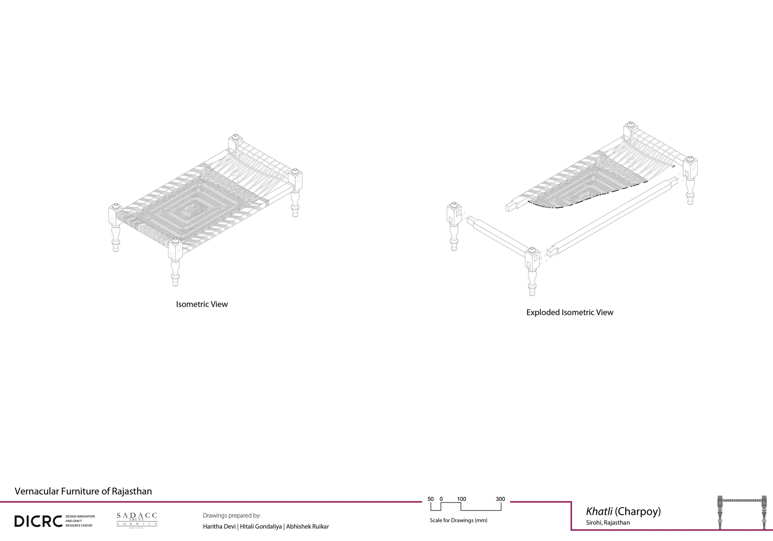 Digital drawing showing the isometric & exploded view of a charpoy from Rajasthan lower in height or smaller in size than usual called as khatli or machli