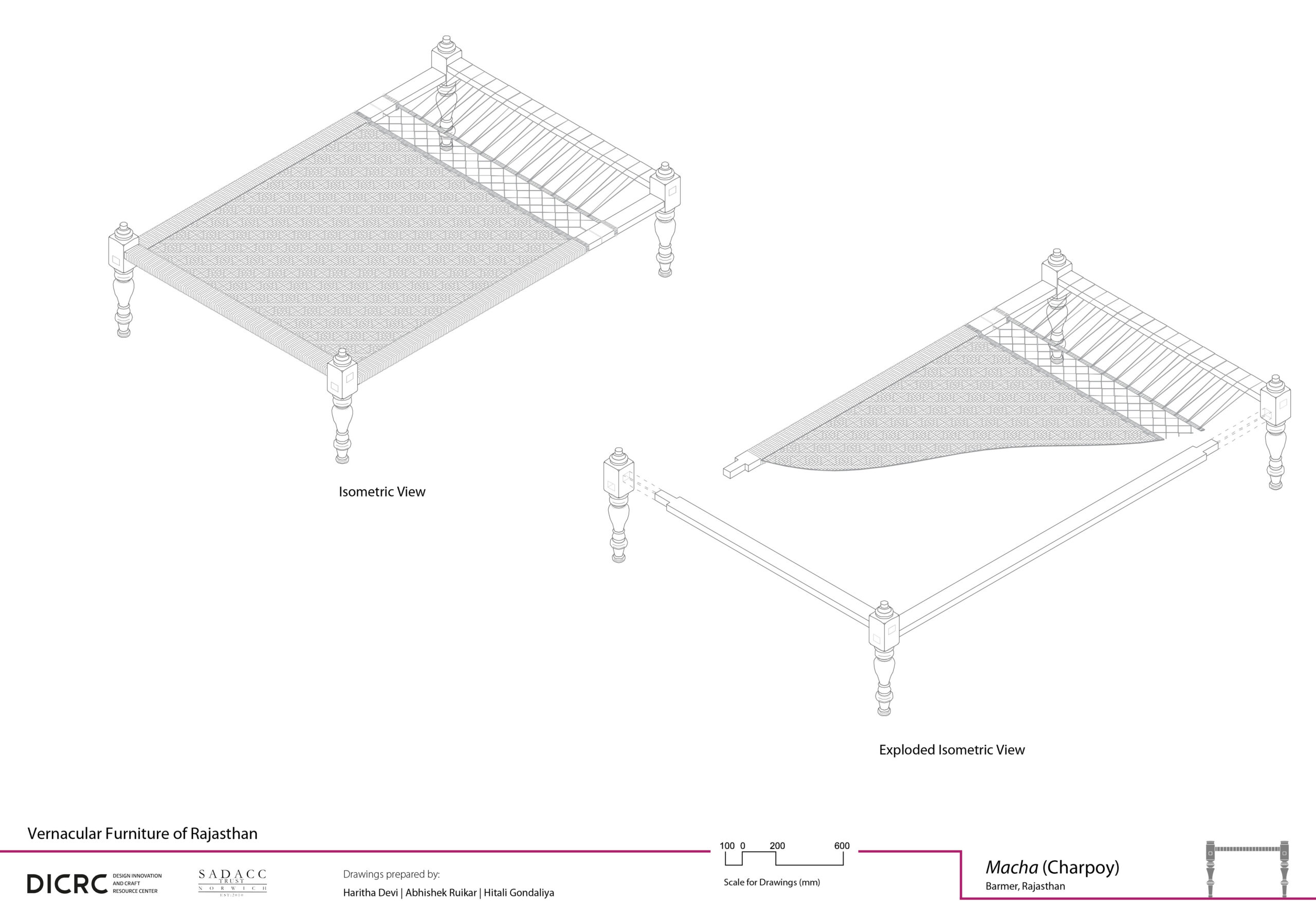 Digital drawing showing the isometric & exploded view of a charpoy from Rajasthan called variously as khaat or macha