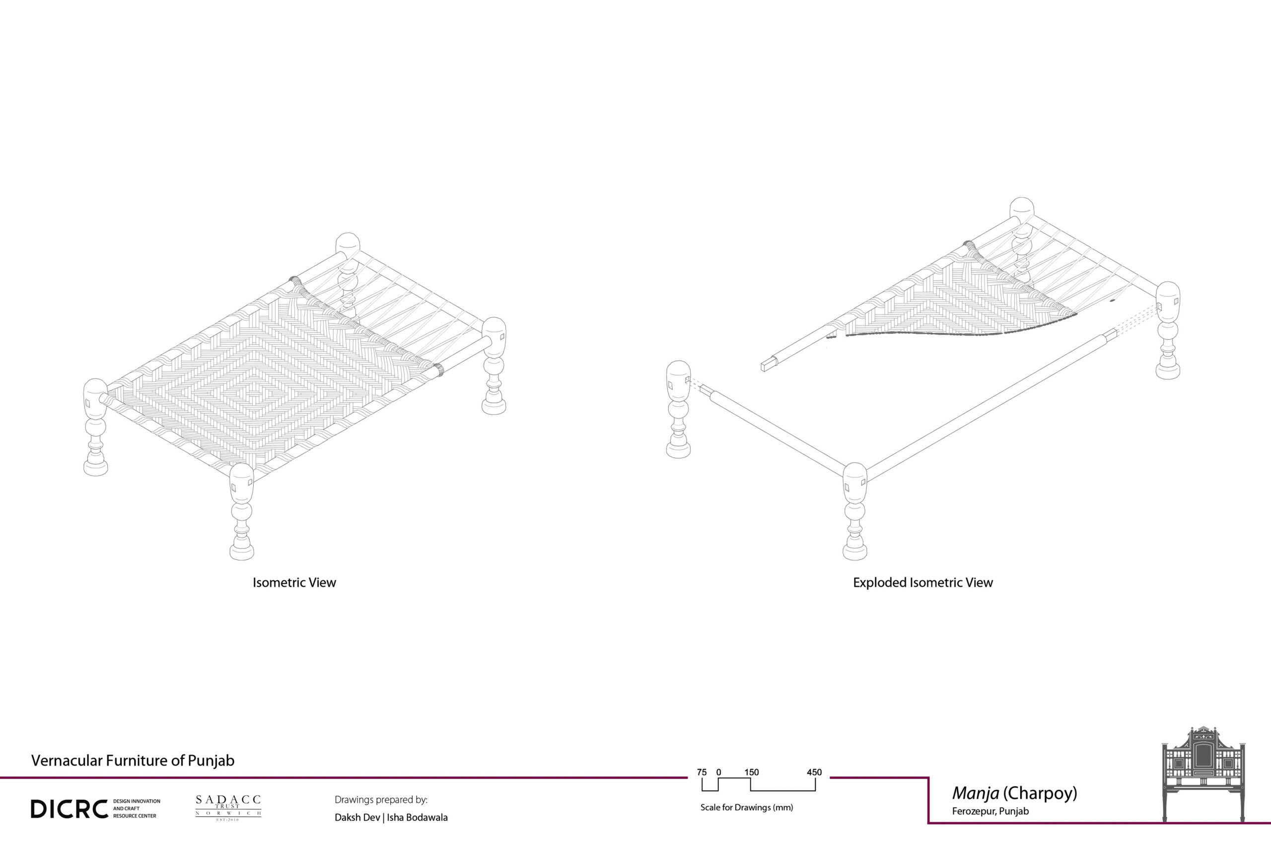 Digital drawing showing the isometric & exploded view of a charpoy from Punjab called manja