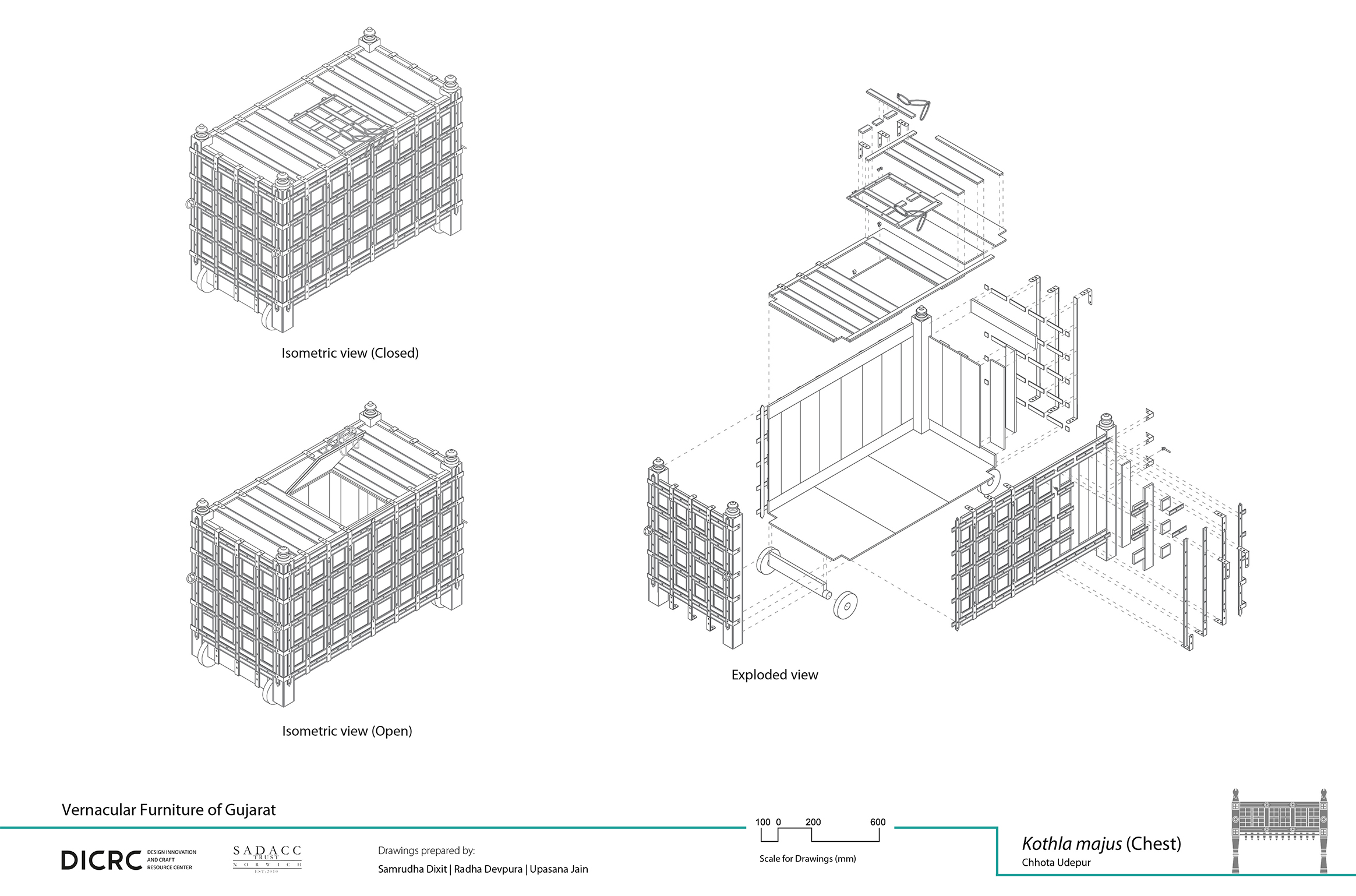 Digital drawing showing the isometric & exploded view of a wooden storage unit with wheels usually found in central & southern Gujarat called kothla majus