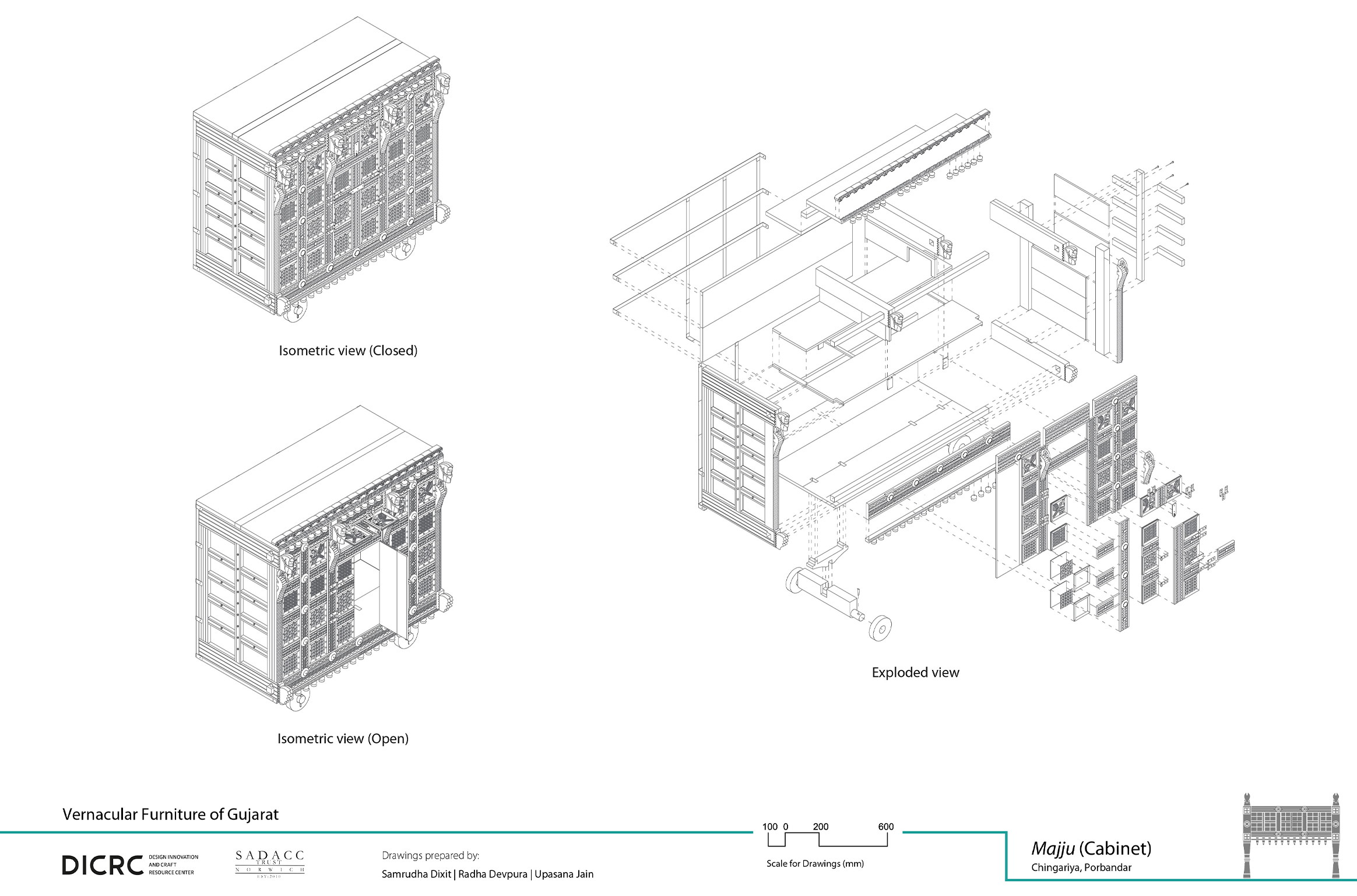 Digital drawing showing the isometric & exploded view of a wooden storage unit from Porbandar in Gujarat called majju