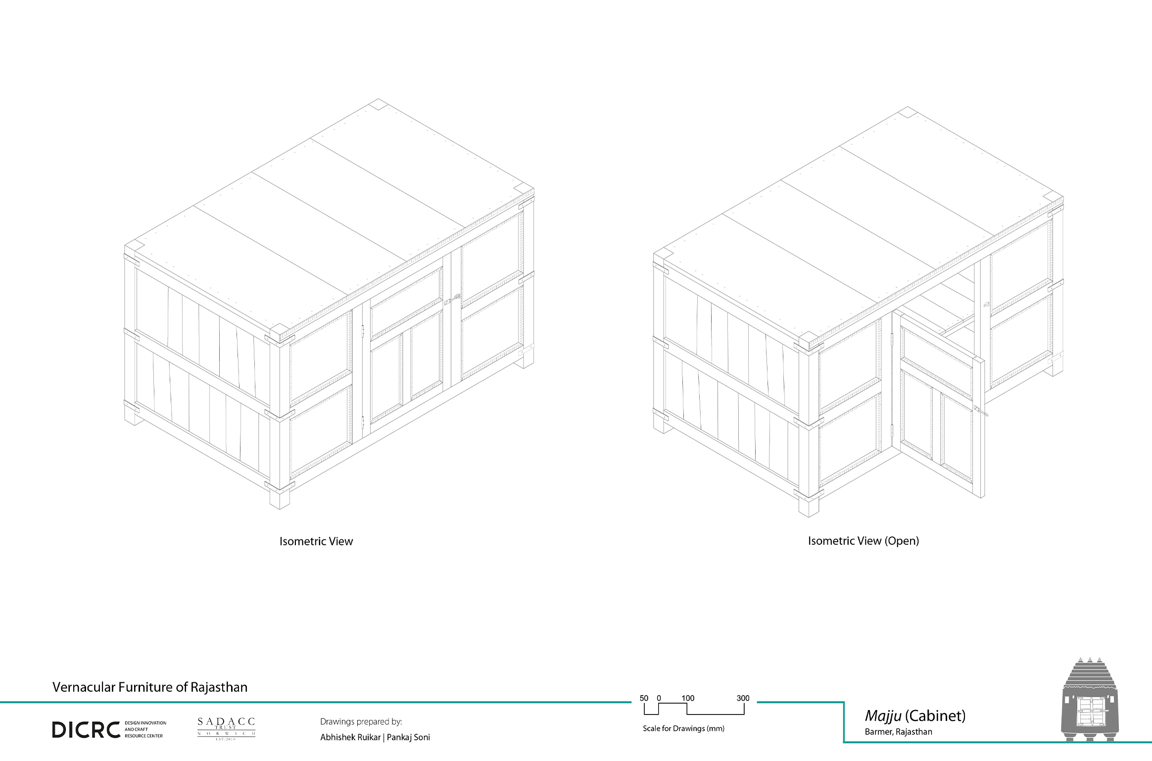 Digital drawing showing the isometric view of a wooden storage unit from Rajasthan called majju