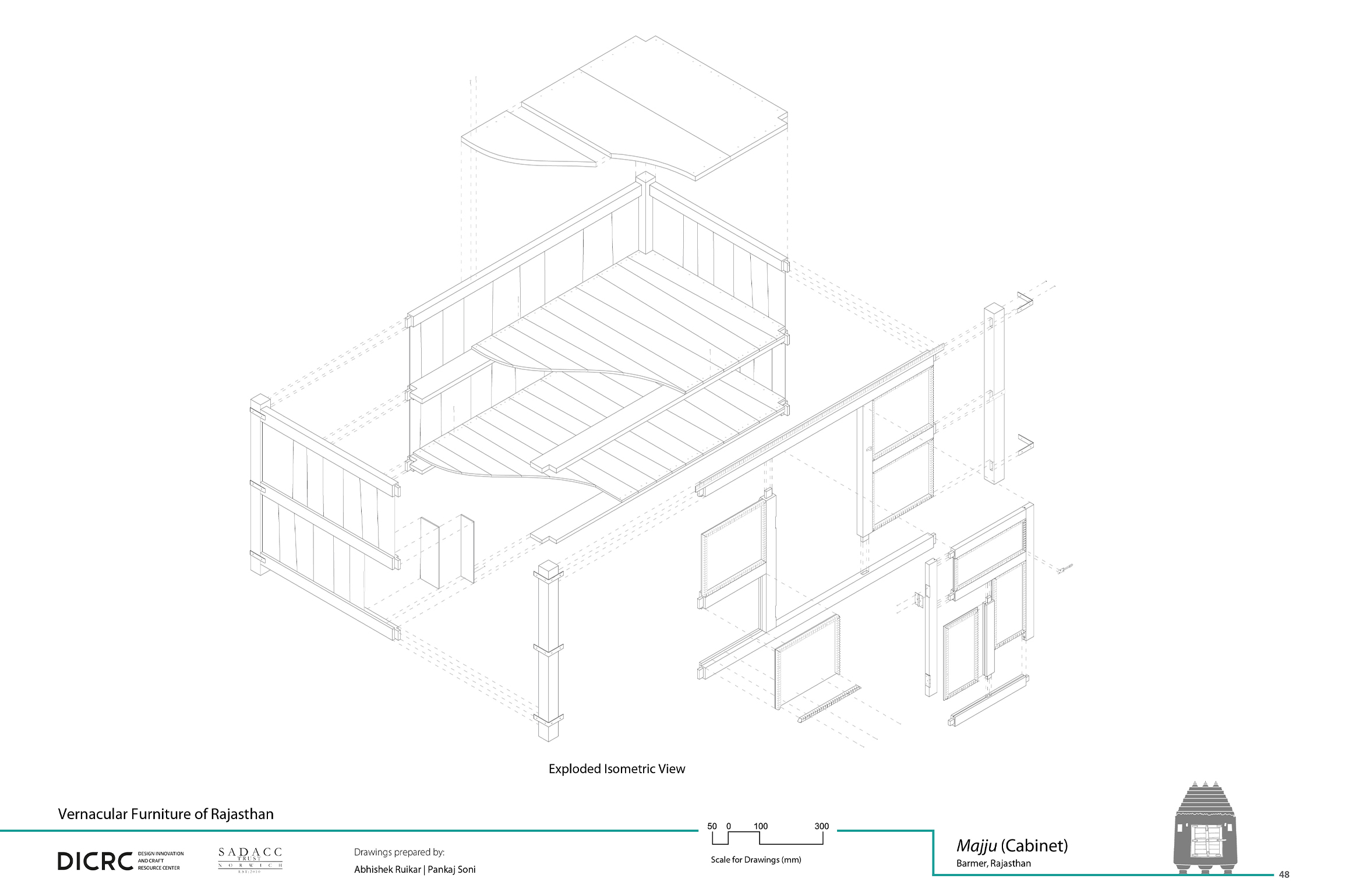 Digital drawing showing the exploded view of a wooden storage unit from Rajasthan called majju