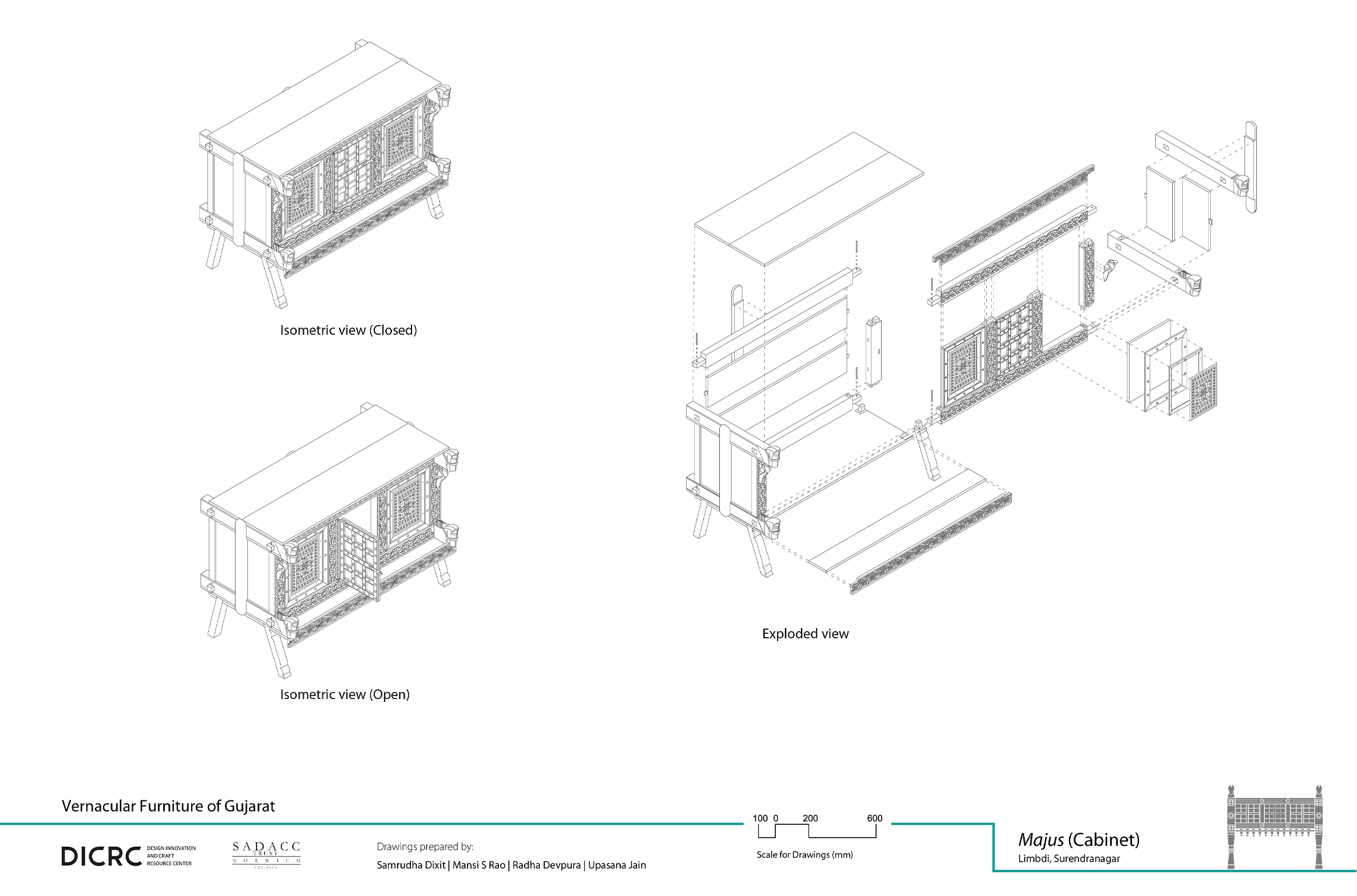 Digital drawing showing the isometric & exploded view of a wooden storage unit from Saurashtra and central Gujarat called majus