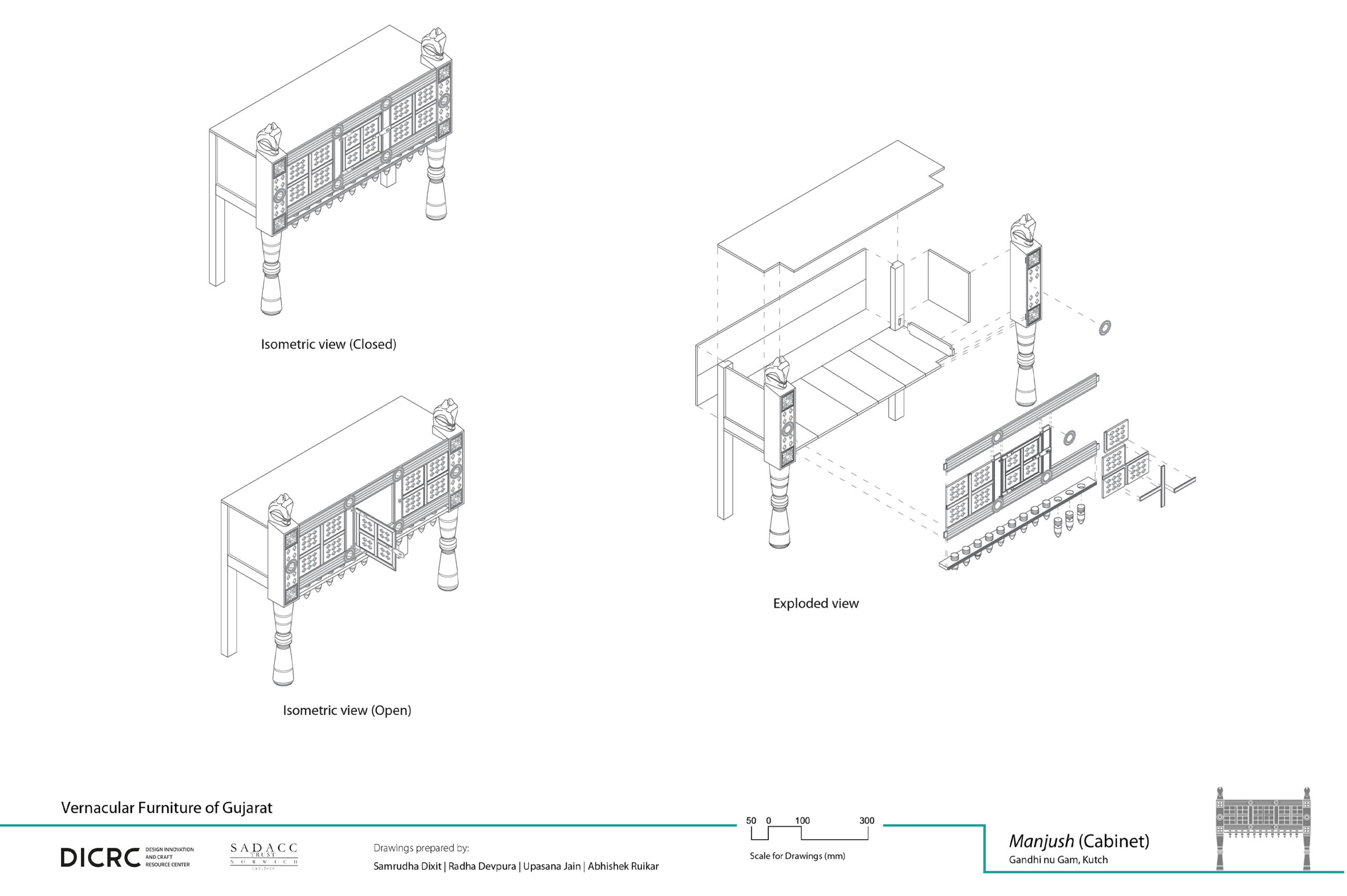Digital drawing showing the isometric & exploded view of a wooden storage unit from the Kutch region in Gujarat called manjush