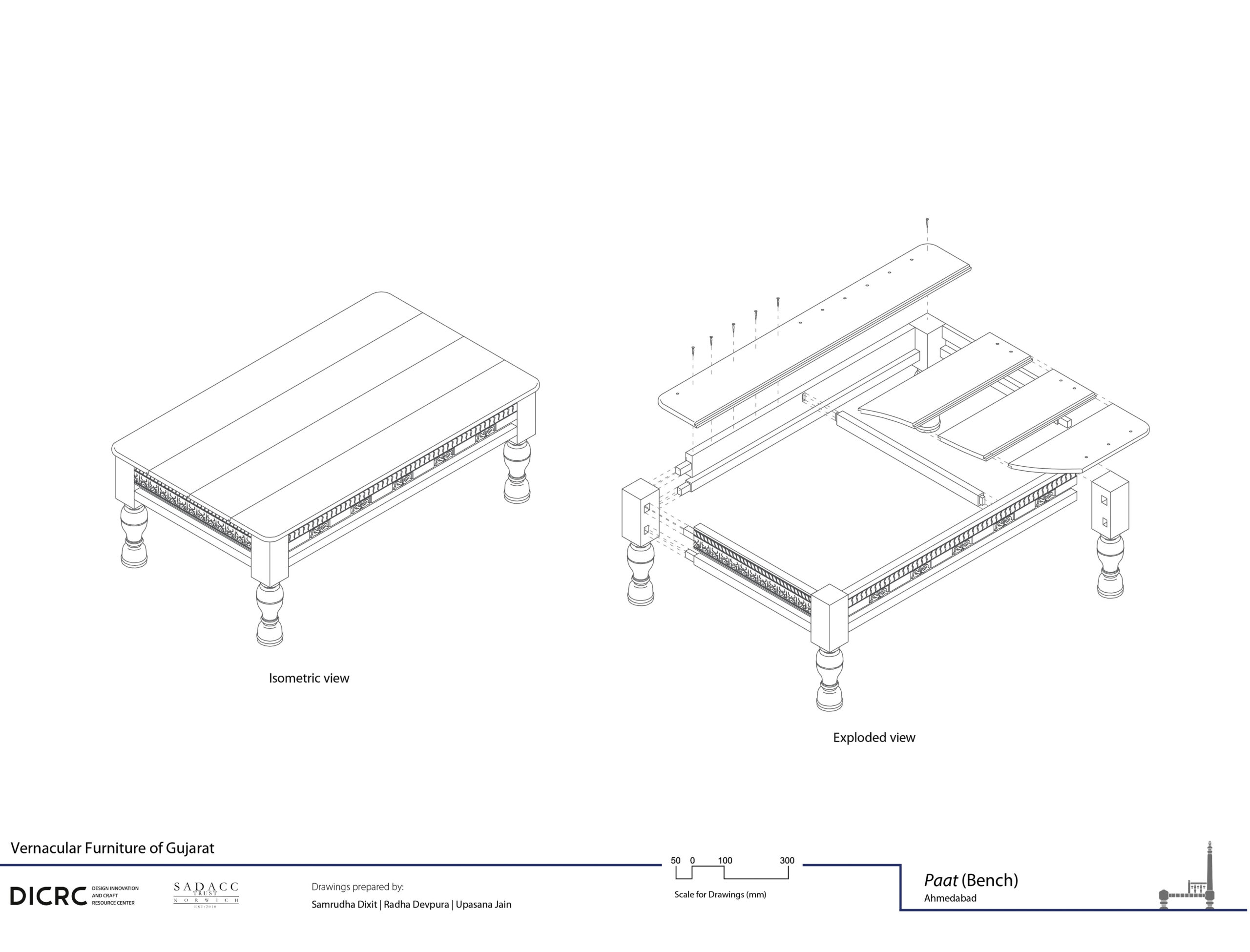 Digital drawing showing the isometric & exploded view of an elevated bench from Gujarat called paat