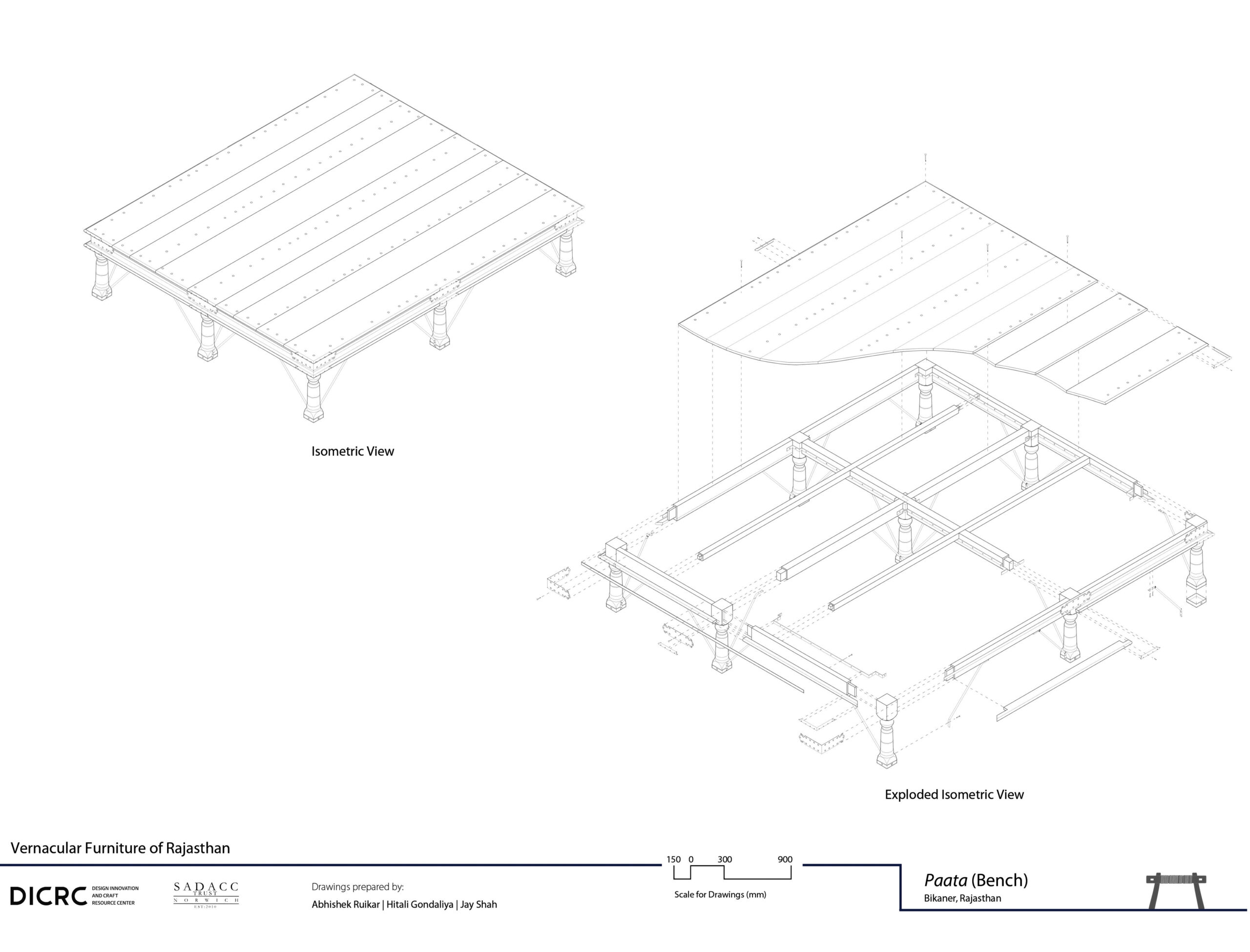 Digital drawing showing the isometric & exploded view of an elevated public bench from Rajasthan called paata