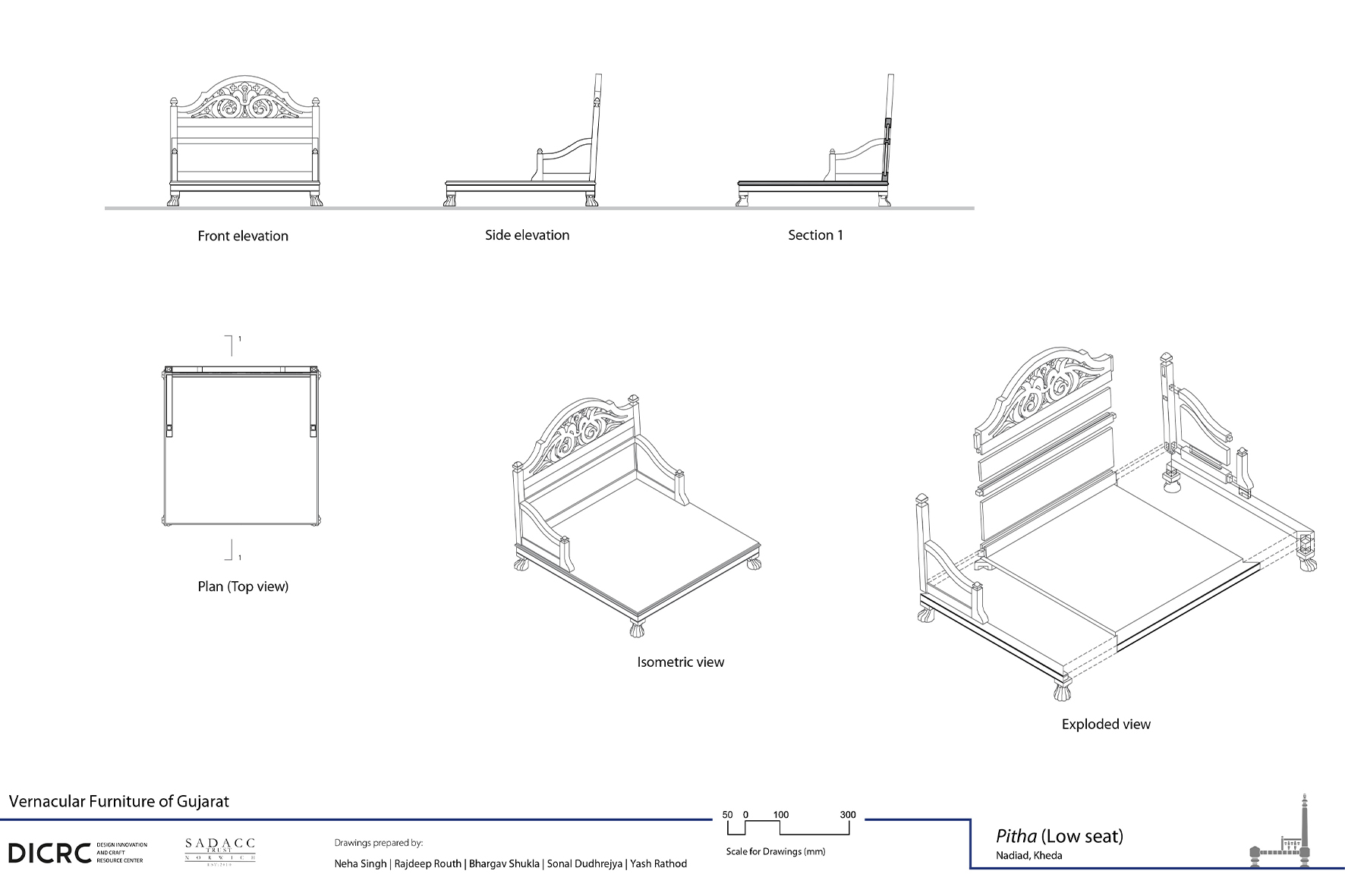 Digital drawing showing the various elevations and views of pitha