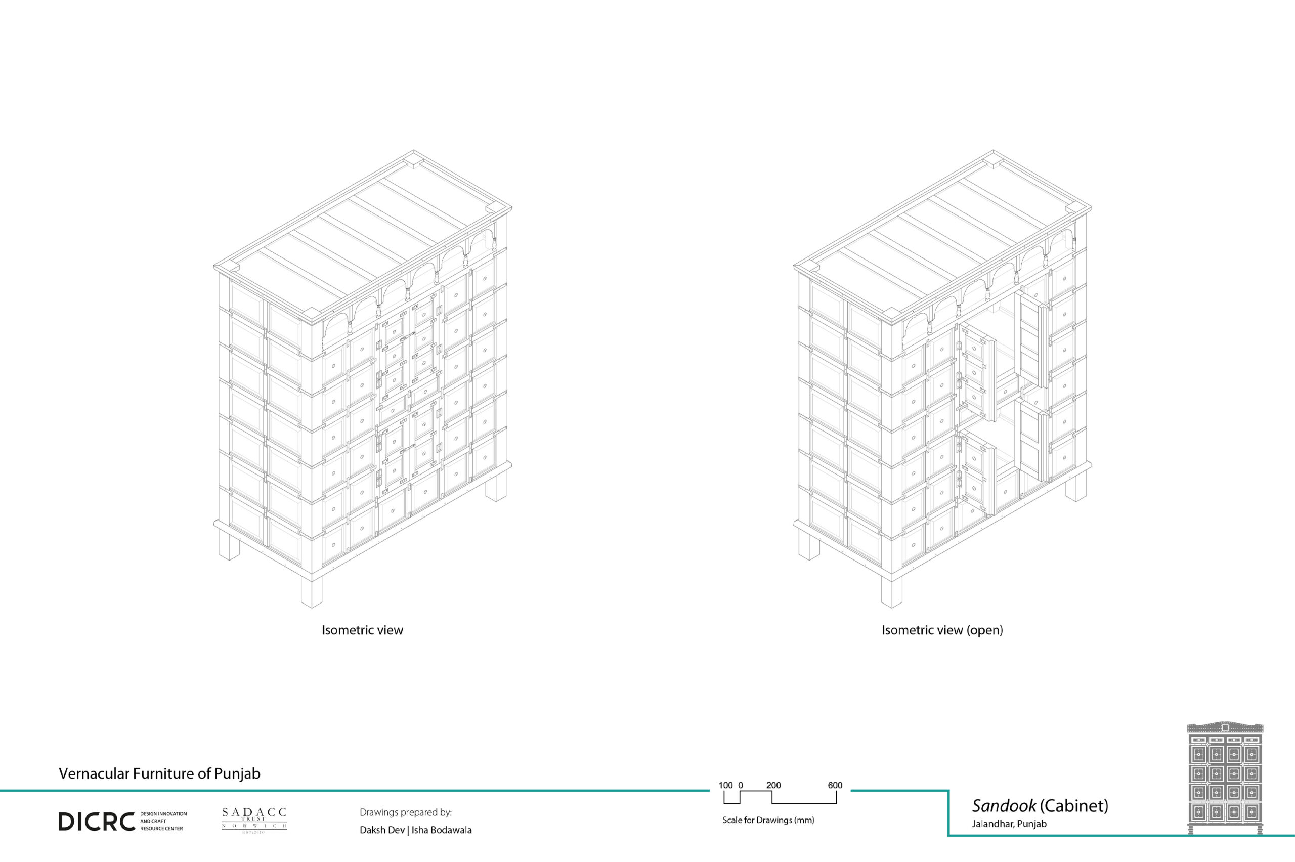 Digital drawing showing the isometric view of a wooden storage unit from Punjab called sandook