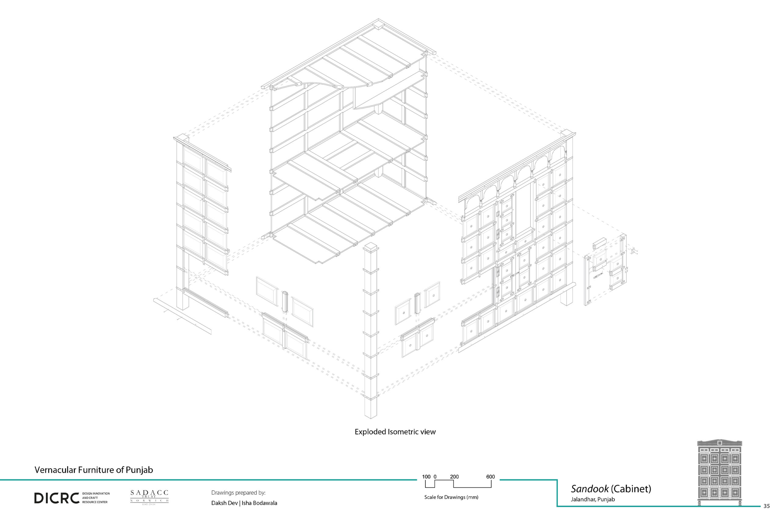 Digital drawing showing the exploded view of a wooden storage unit from Punjab called sandook