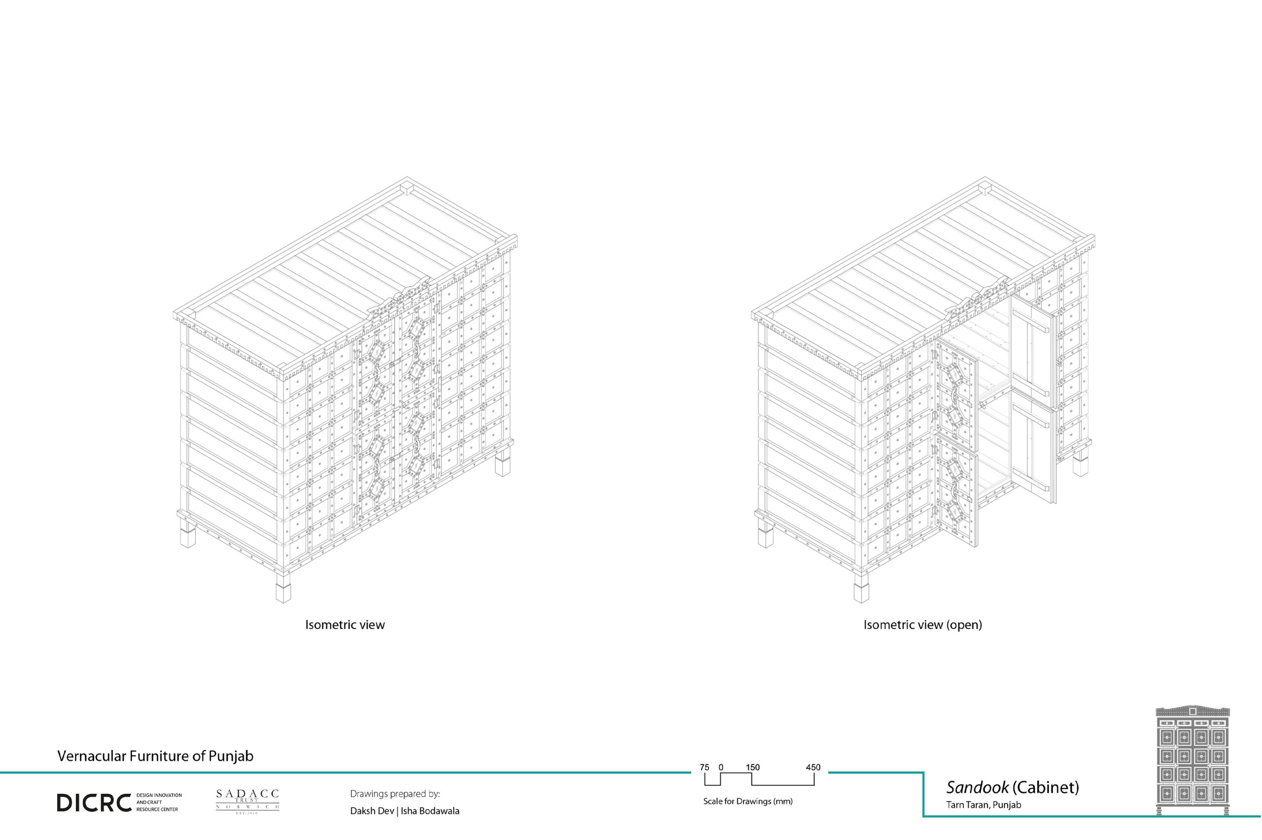 Digital drawing showing the isometric view of a wooden storage unit from Punjab called sandook